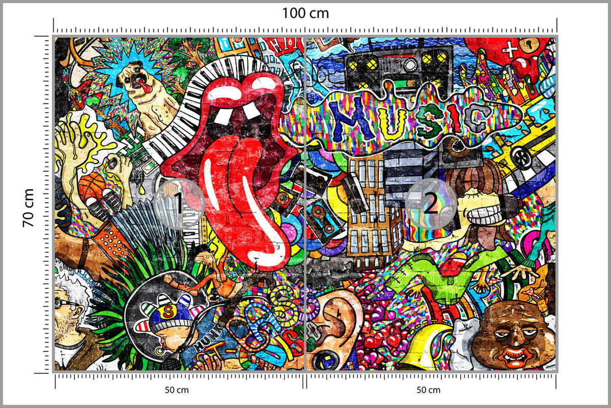 FOTOTAPETE für Jugendzimmer GRAFFITI Musik Abstrakt Farben 100x70 - Blau/Gelb, Papier (100/70cm) - Muralo