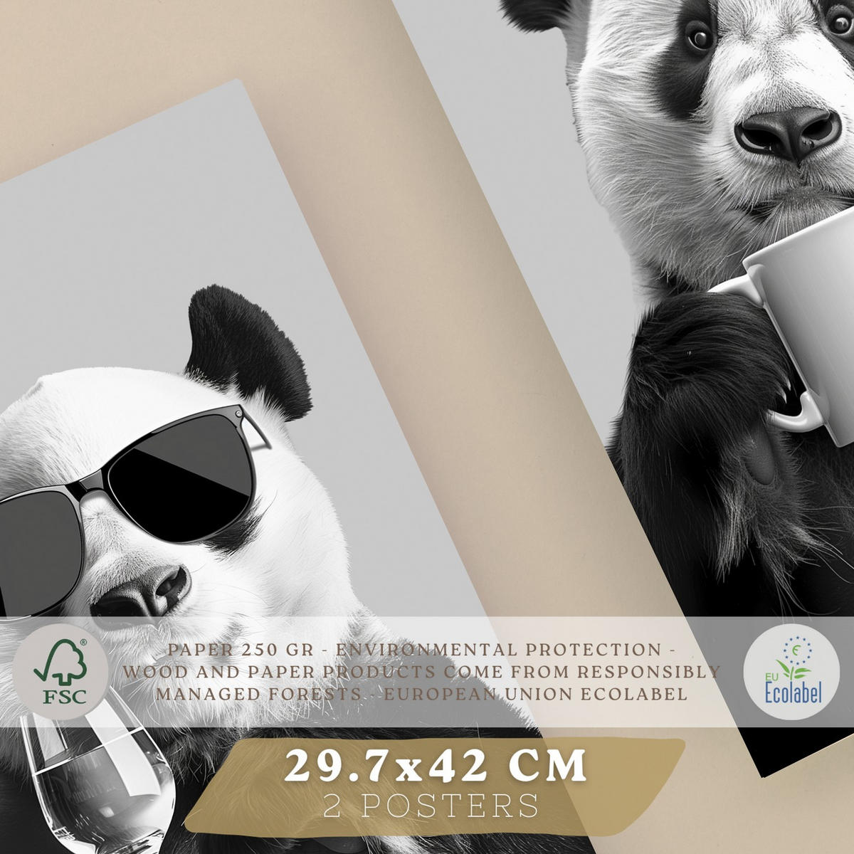 PLAKAT Sada 2 Panda Bears A3 bez rámu - čirá, papír (29.7/1/42cm) - Nacnic