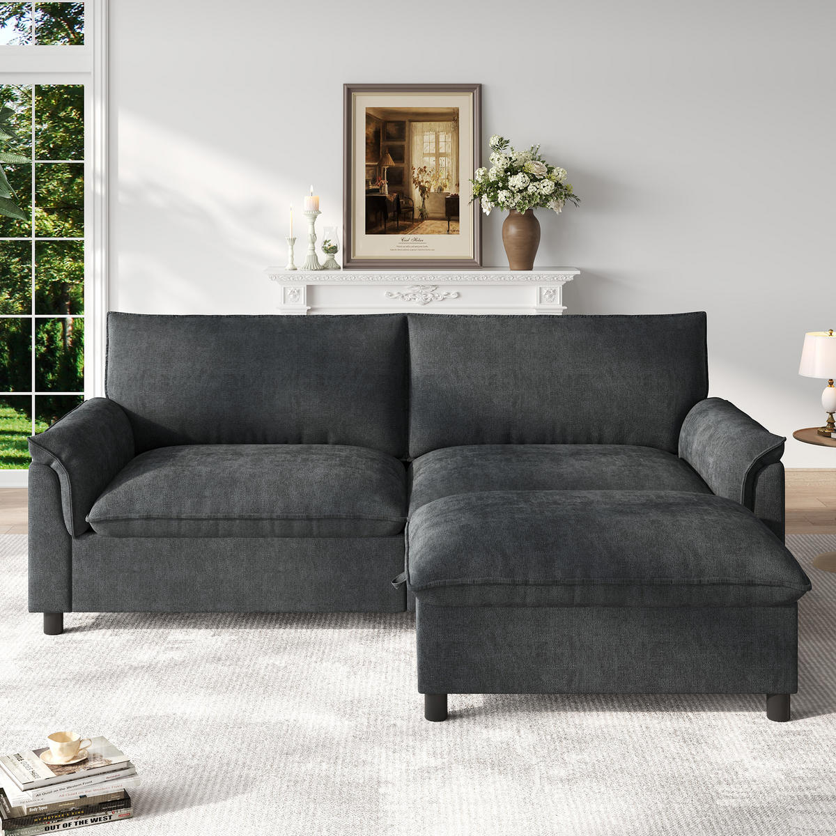 SOFA Schwarz U-Form Cloud Modular Deep Seat 216cm Hocker - Schwarz, Textil (77/82/216cm) - FLIEKS
