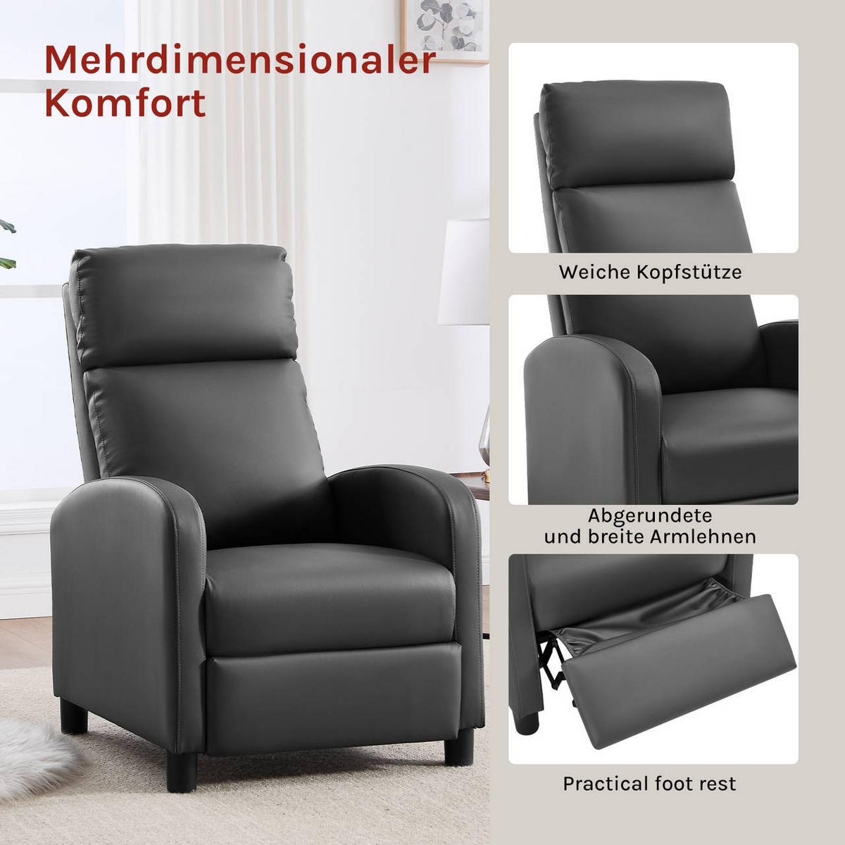 RELAXSESSEL mit Liegefunktion, Kunstleder, Grau - Schwarz/Grau, Kunststoff/Textil (65.5/102/89cm) - Woltu