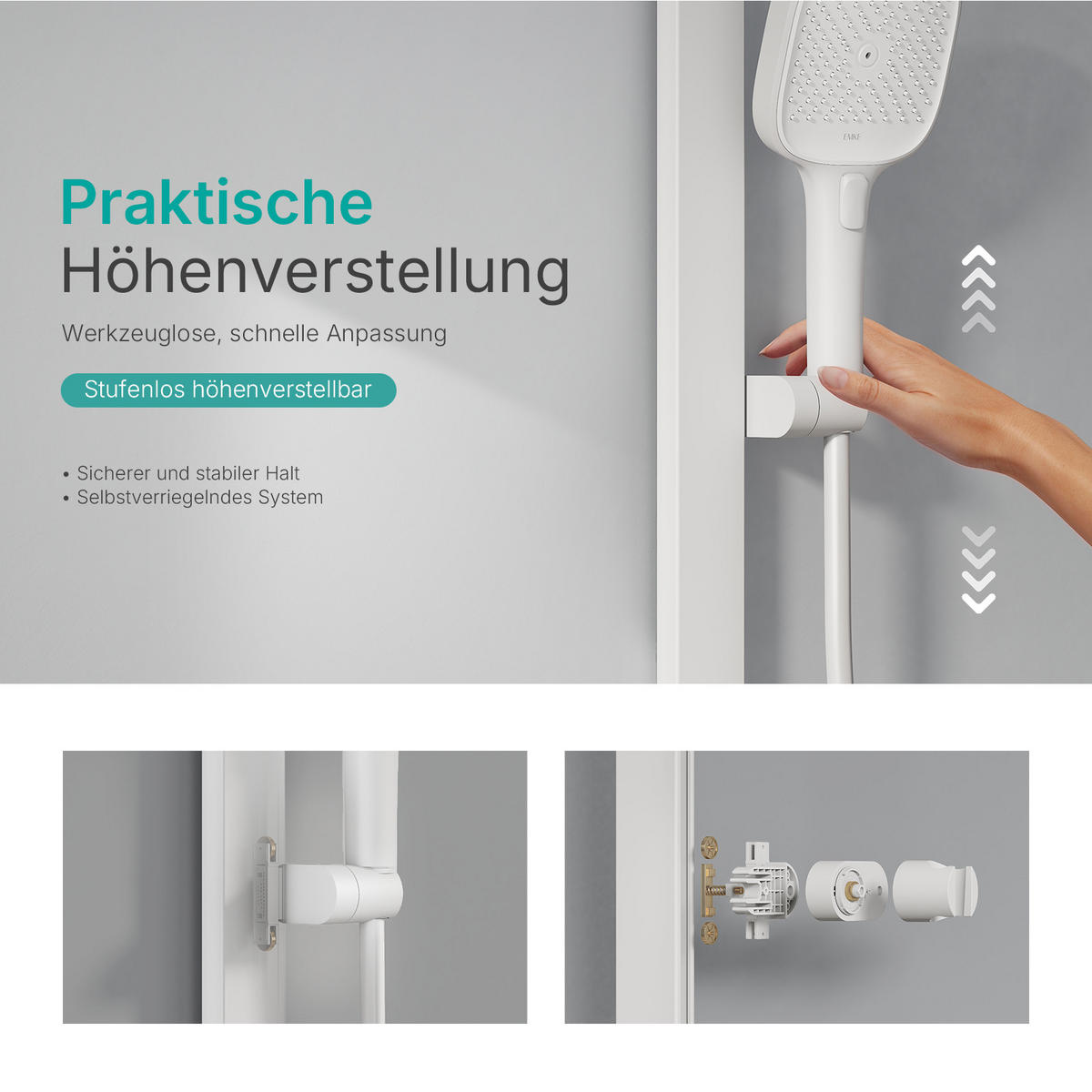 ÜBERKOPFBRAUSESET mit Thermostat und 4 Wasserauslässen 40,9/60/105 cm - Weiß, Metall (40/113/58cm) - EMKE