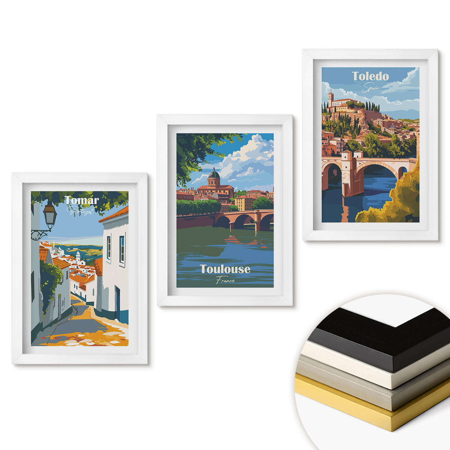 WANDBILDER 3er-Set - 20x30 cm Weißer Rahmen - Retro-Stadtgrafiken - Weiß, Kunststoff (20/30cm) - ArtPrintCave