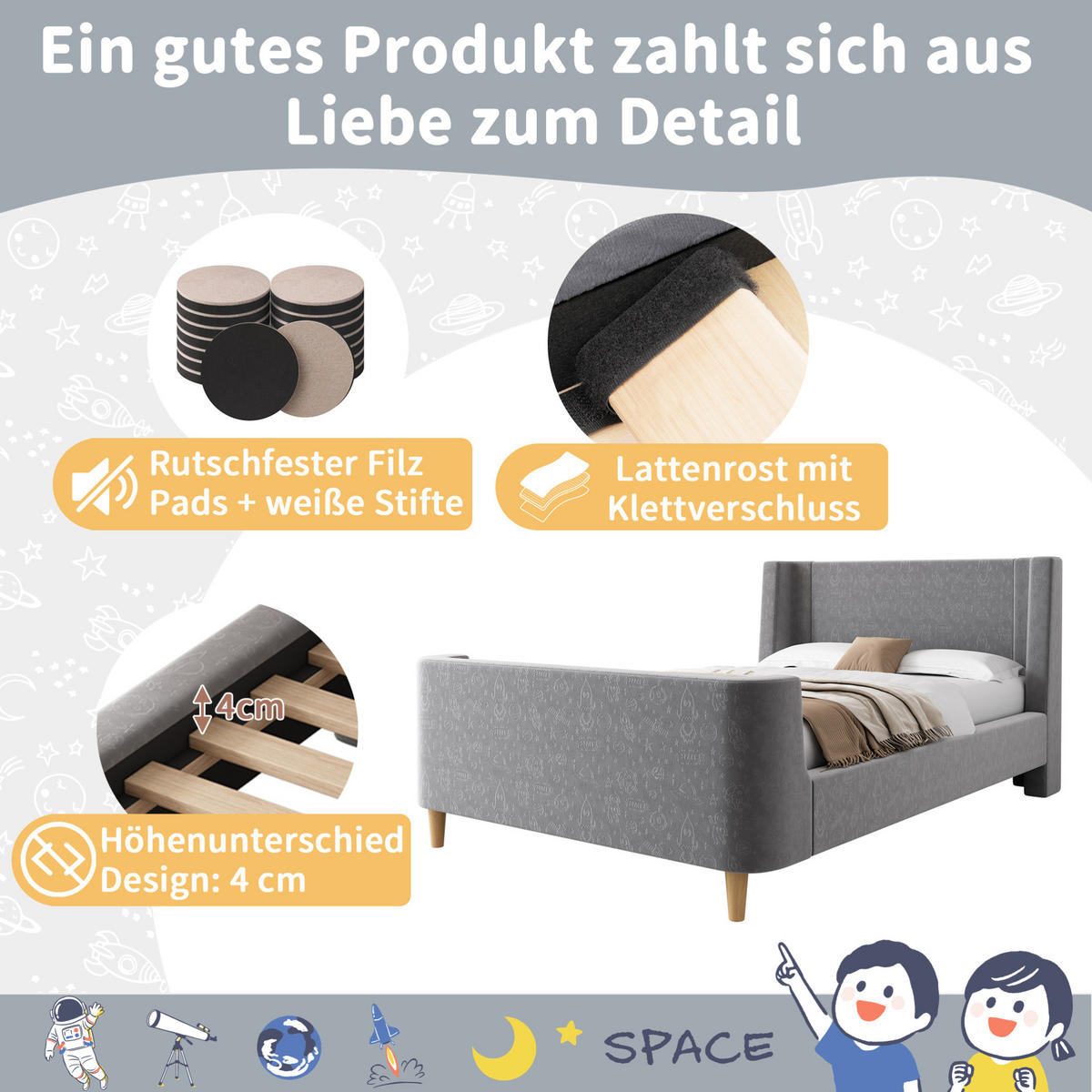 KINDERBETT 90/200 cm aus Samt mit gepolstertem Kopfteil im Weltraumdesign Grau - Grau, Textil (90/200cm) - Modenvie