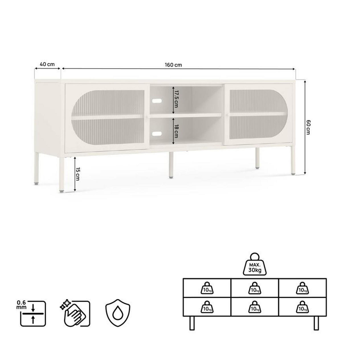 TV-LOWBOARD Industrielles aus beigem Metall, 160 cm, 2 Türen aus geriffeltem Glas - COME - Beige, Metall (160/60/40cm) - Sicaan