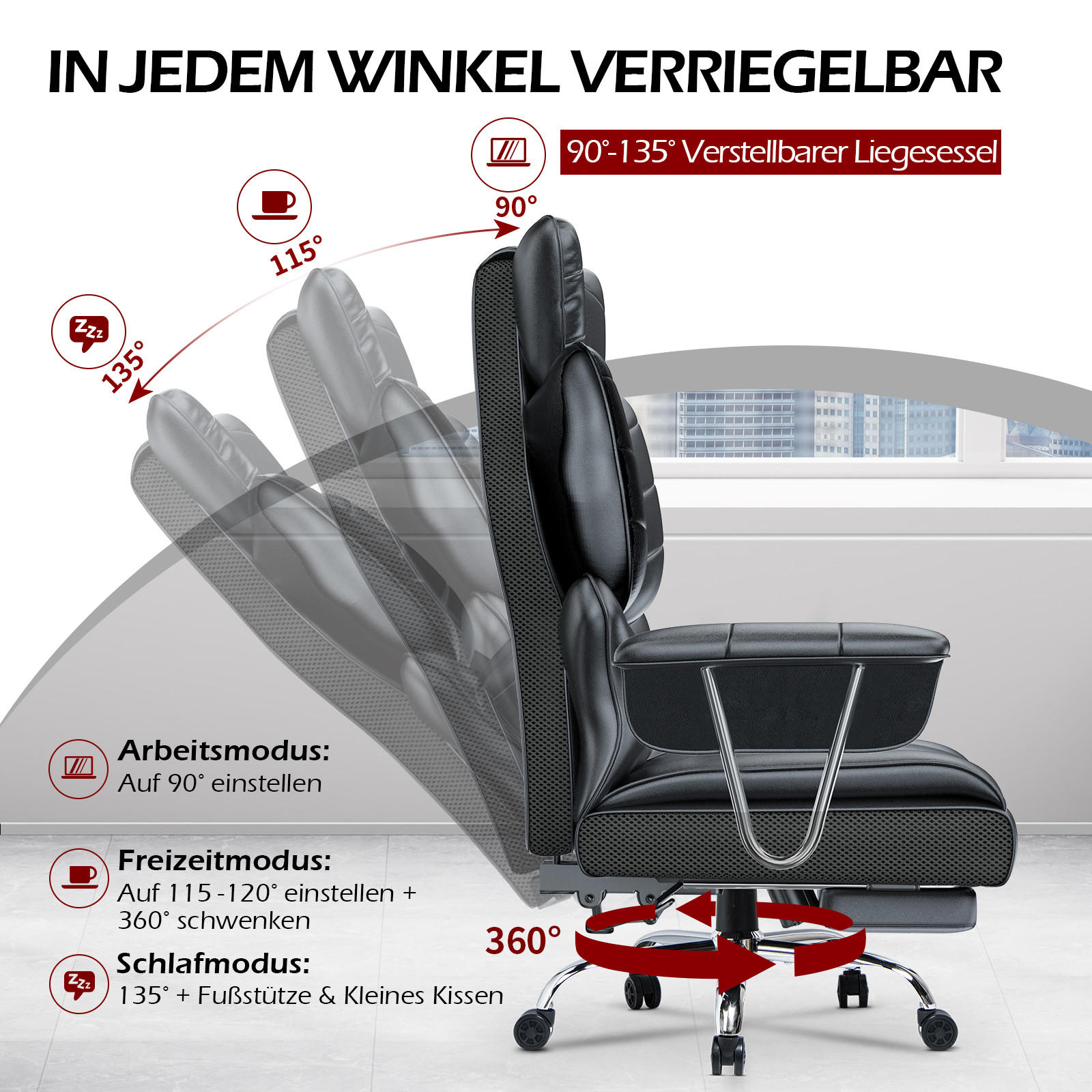 CHEFSESSEL ergonomisch, Leder, Fußstütze – Schwarz - Schwarz, Metall (58/128/50cm) - Rattantree