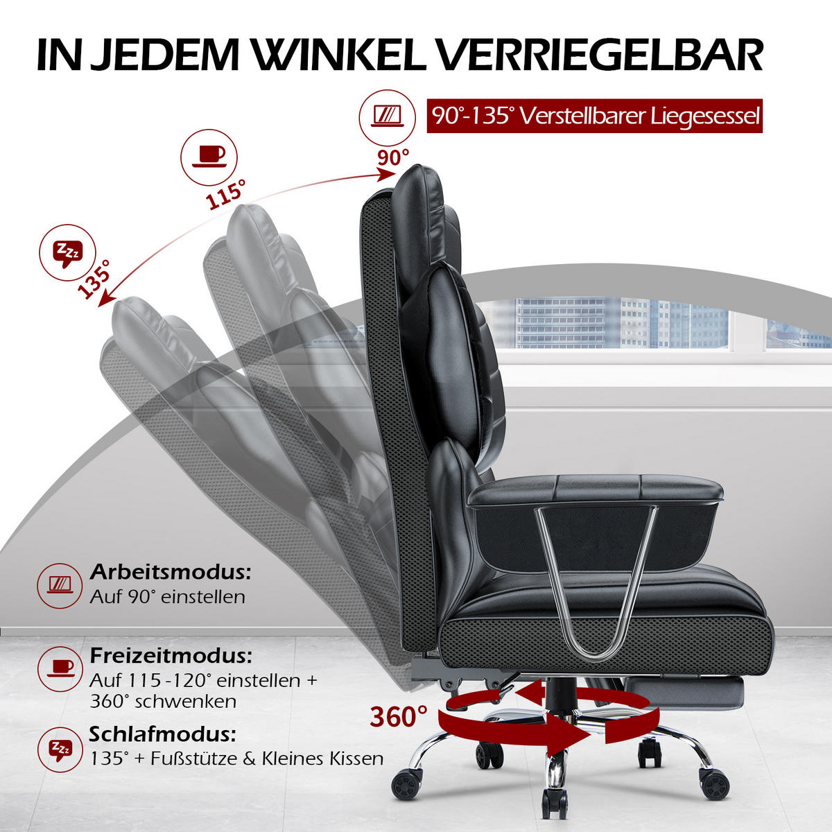 CHEFSESSEL ergonomisch, Leder, Fußstütze – Schwarz - Schwarz, Metall (58/128/50cm) - Rattantree