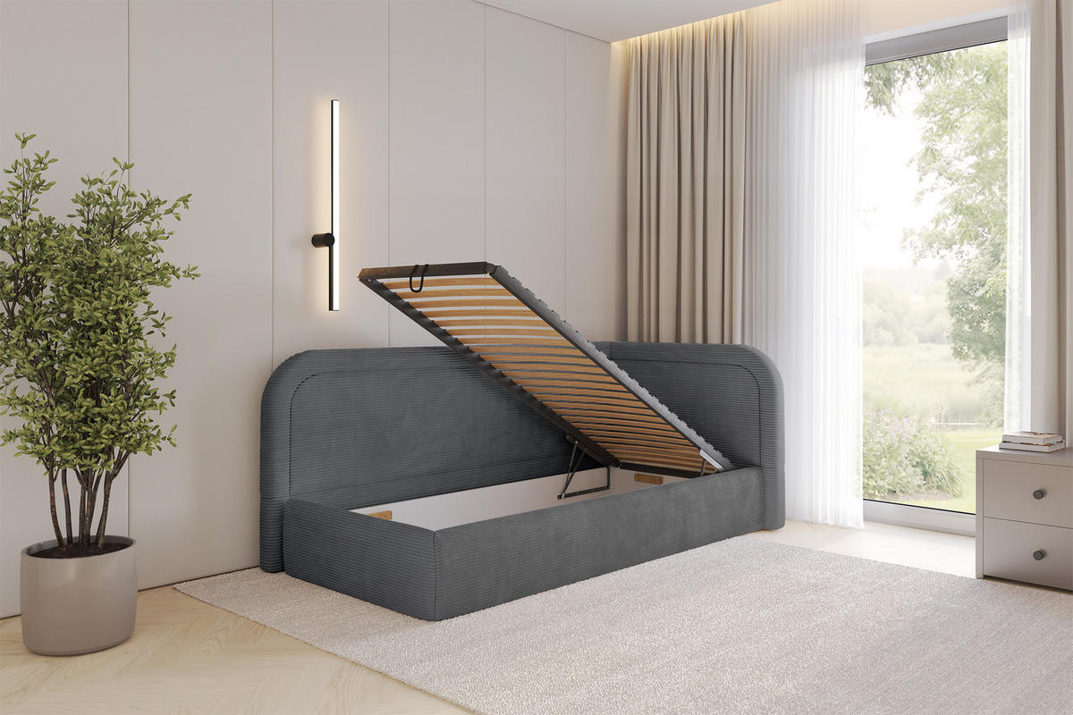 EINZELLBETT Jugendbett mit Bettkasten, Links - JOVY 80x200 Dunkelgrau - Graphitfarben, Holzwerkstoff/Textil (80/200cm) - ALTDECOR