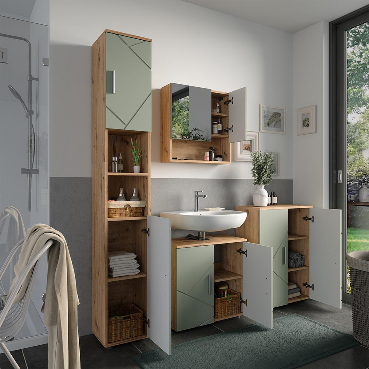 BADMÖBEL-SET Irma Salbeigrün 4 Teile - Salbeigrün, Holzwerkstoff (60/59/30cm) - Vicco