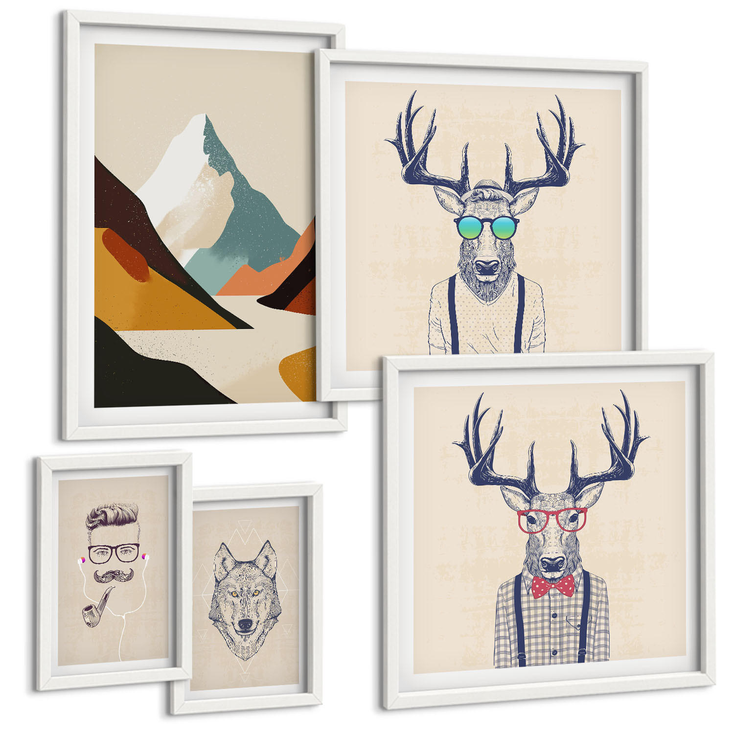 BILDER SET 5er Set - 50x50 cm & 20x30 cm & 40x60 cm Weißer Rahmen - Strand, Leuchtturm, Berge, Wiesen, Blumen - Weiß, Kunststoff (40/60cm) - TULUP