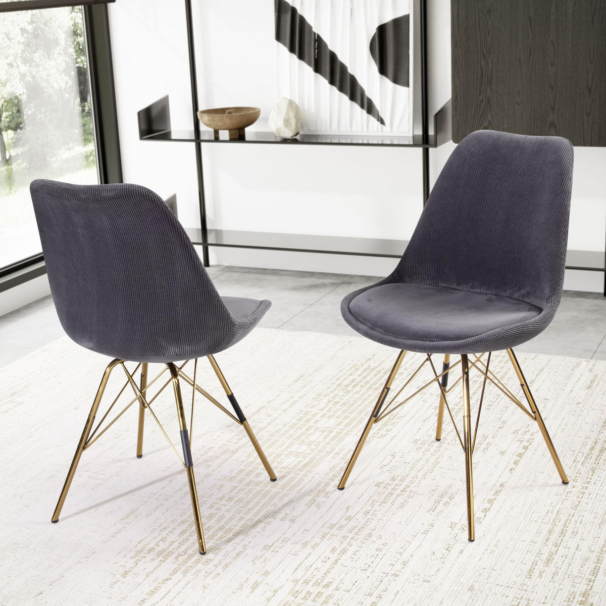 ESSZIMMERSTUHL 2er Set Cordstoff mit Metallgestell Schalenform Skandinavisch gepolstert, Anthrazit 48x58x85 cm - Anthrazit/Goldfarben, Textil/Metall (48/85/58cm) - KADIMA DESIGN
