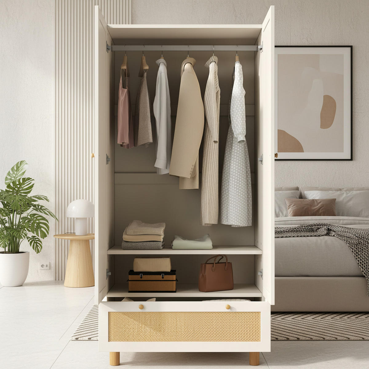 KLEIDERSCHRANK Weiß mit Rattan & Schublade Landhausstil 180×85×52 cm - Weiß, Holzwerkstoff (85/181/52cm) - Urban Meuble