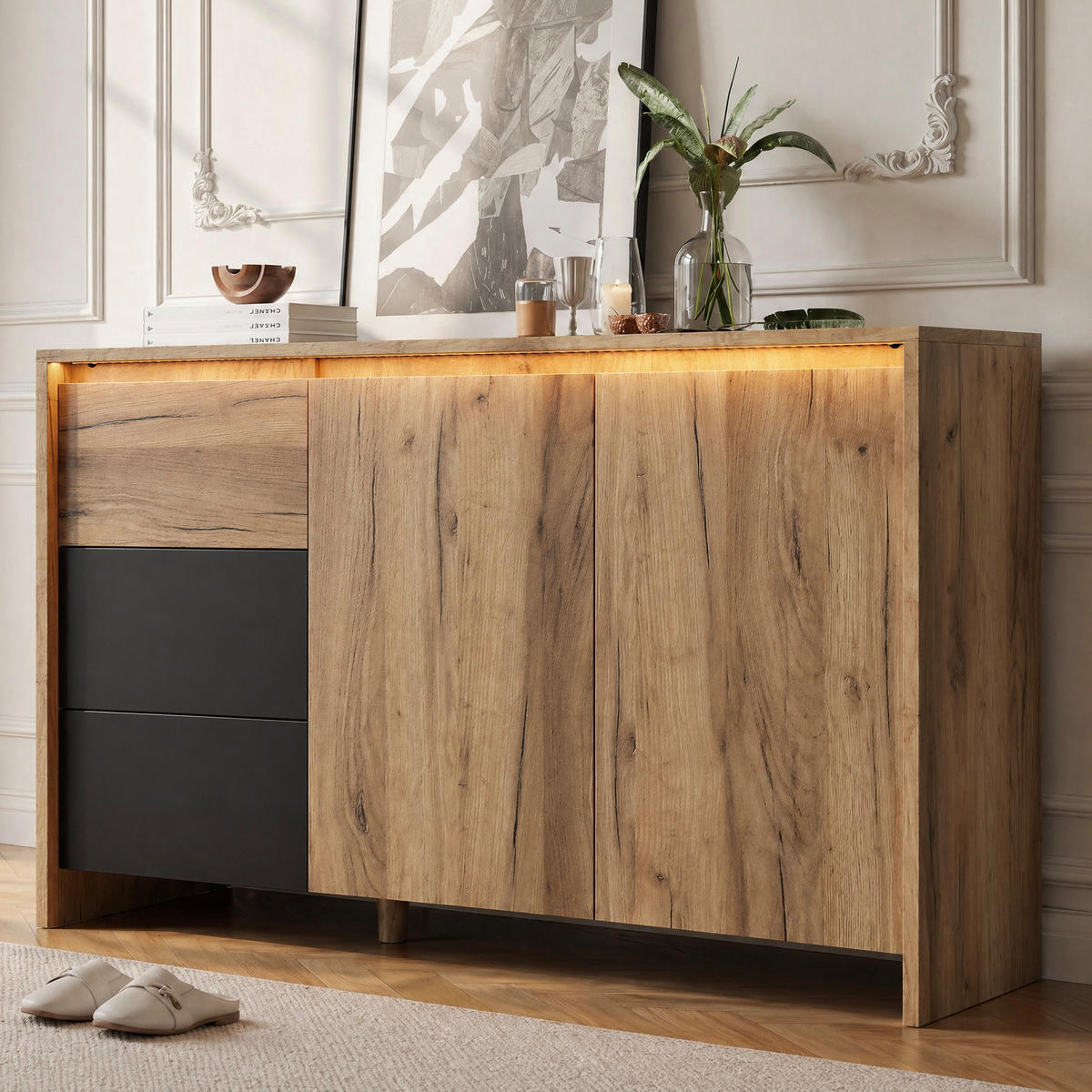 SIDEBOARD Holz Schwarz LED 3 Schubladen 120x40x76cm - Multicolor, Holzwerkstoff (40/76/120cm) - FLIEKS