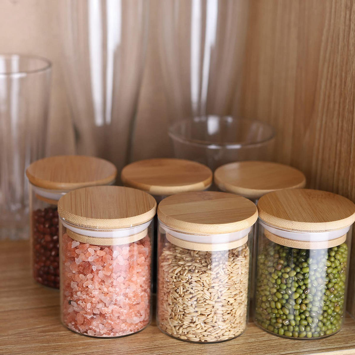 VORRATSGLAS-SET 10er-Set mit Bambusdeckeln – luftdicht beschriftbar und spülmaschinengeeignet Dose mit Deckel - Transparent/Weiß, Glas/Holz (6.5/8/6.5cm) - Livingandhome