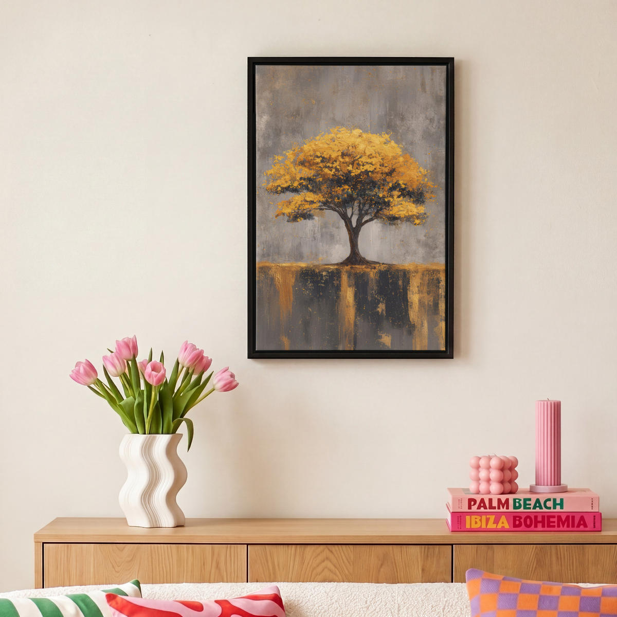 LEINWAND Bilder mit Rahmen - Baum - Blätter - Gold - Abstrakt - 20x30 - Grau, Textil (20/30cm) - MuchoWow