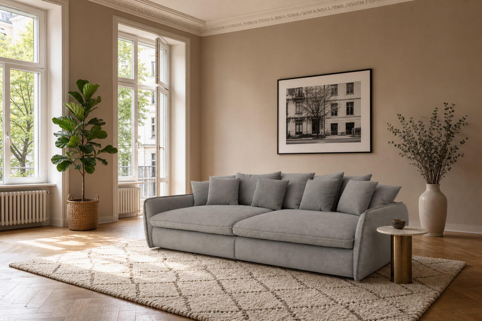 BIGSOFA Hereford XXL Velvet Beige inkl. 12 Kissen 274/131/61 cm - Grau, Kunststoff/Textil (274/61/131cm) - foamnova