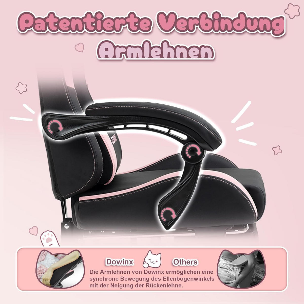 GAMING Stuhl & Lendenwirbelstütze/Hoher Rückenlehne/Fußstütze PU-Leder - Rosa, Leder (72/118/72cm)