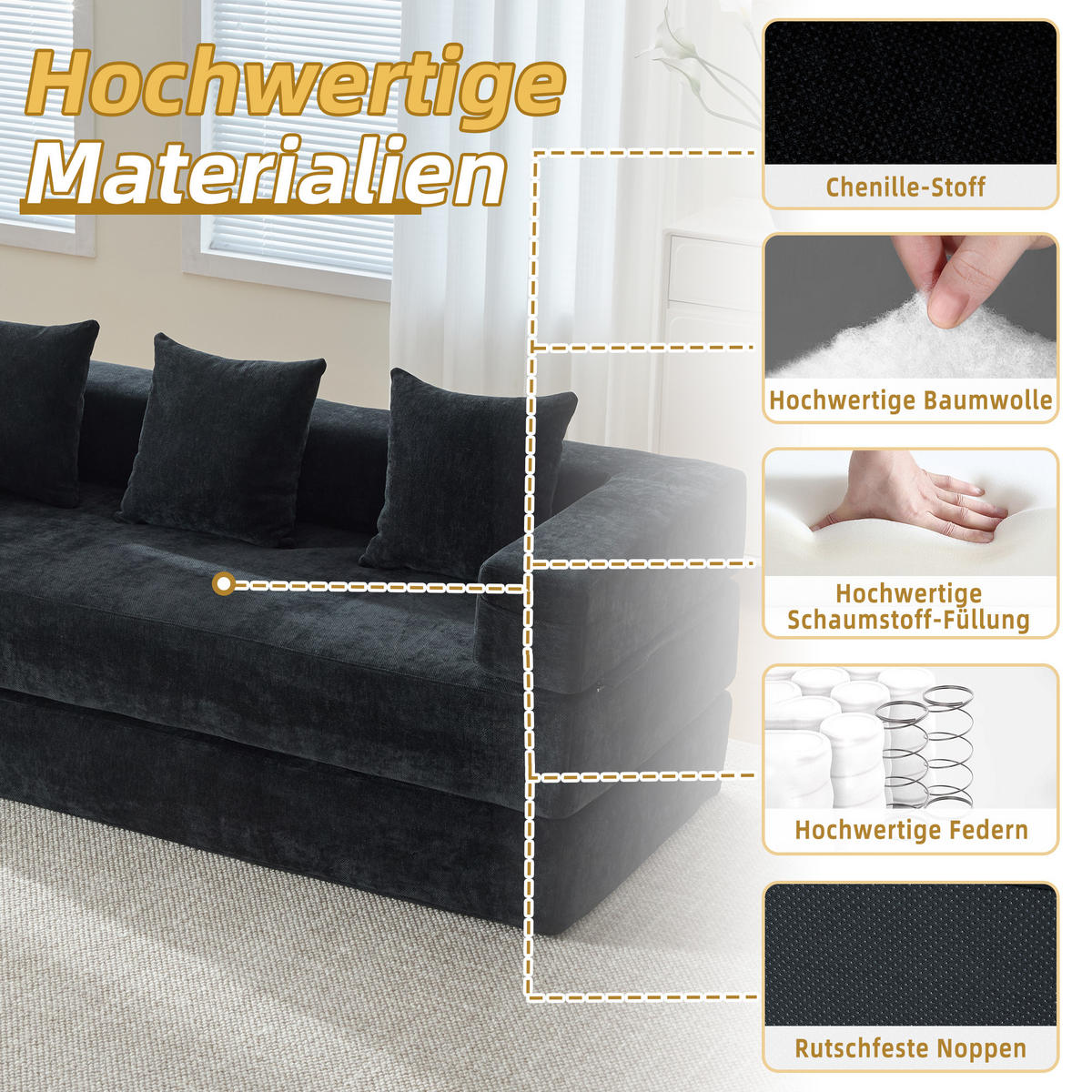 SCHLAFSOFA, Klappbares Bodensofa, Modulares Polstersofa Chenille, Schwarz - Schwarz, Textil (79/60/198cm) - LVHOM