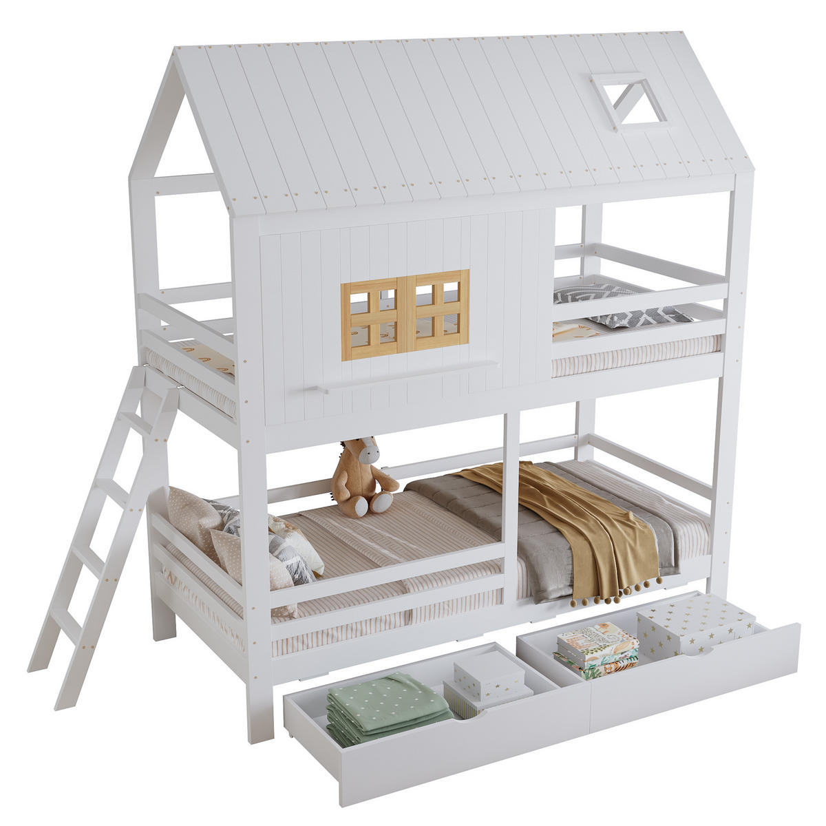 ETAGENBETT 90/200 cm weiß und natur aus Kiefer mit Fenster und Dach - Weiß, Holz (90/200cm) - OKWISH