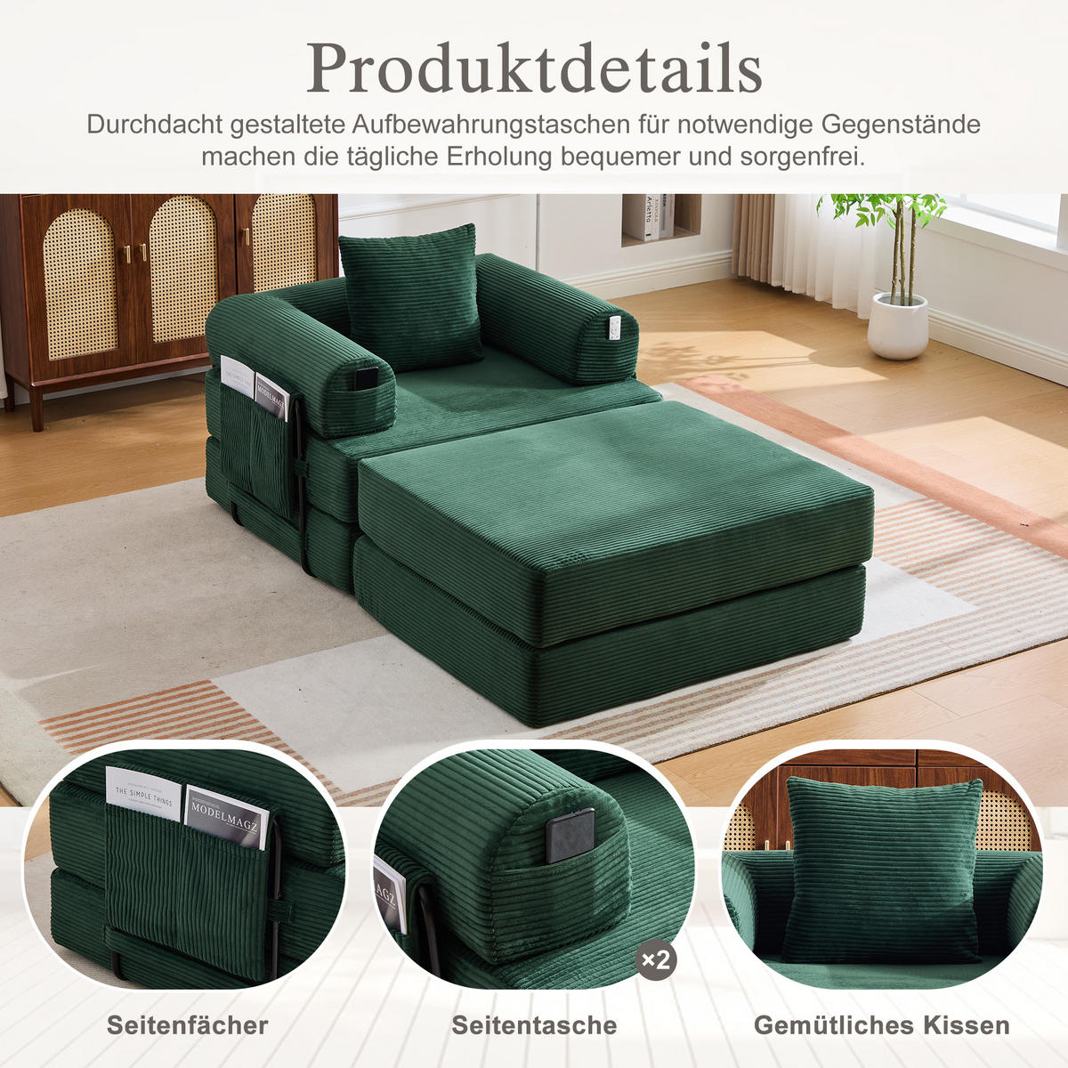 SOFA Cord Smaragdgrün mit Hocker und Kissen - Smaragdgrün, Textil/Metall (112/67/190cm) - WISHDOR