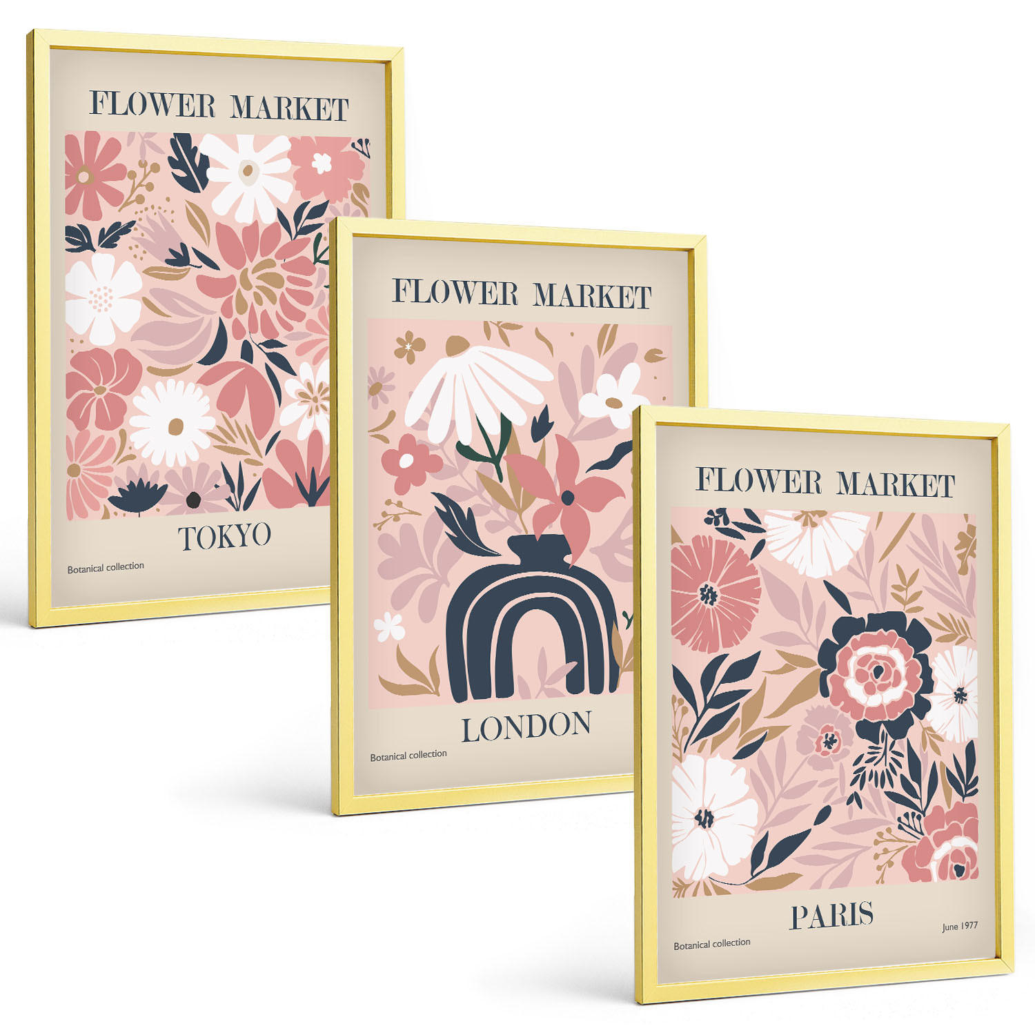 BILDER SET 3er Set - 40x60 cm Goldrahmen - Blumenmotive Tokio London Paris - Goldfarben, Kunststoff (40/60cm) - TULUP