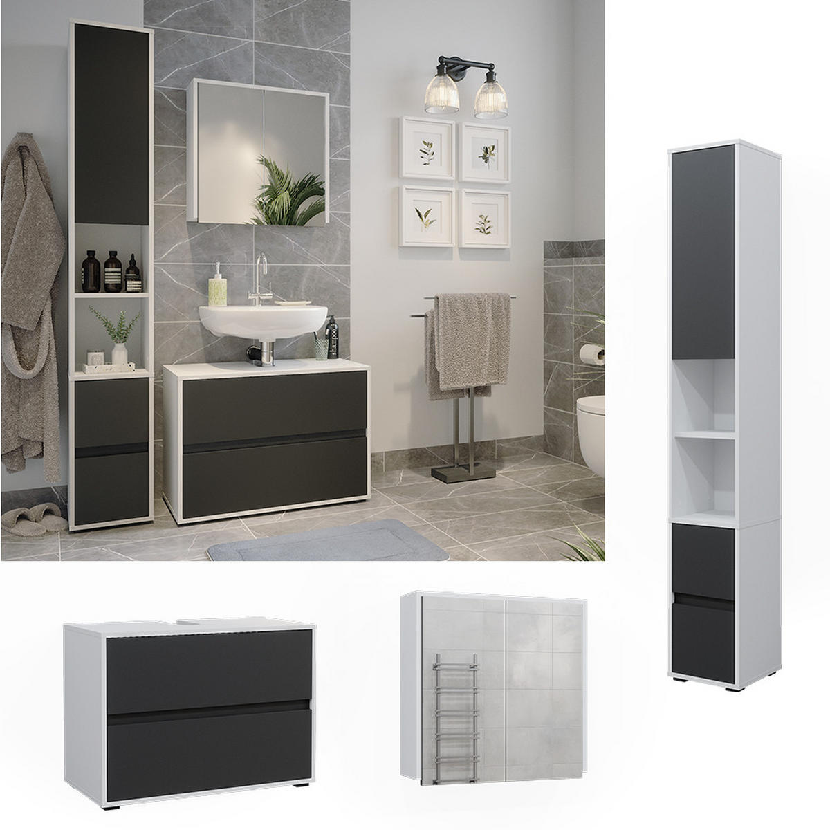 BADMÖBEL-SET Maltin Weiß/Anthrazit 3 Teile, mit Hochschrank - Anthrazit/Weiß, Holzwerkstoff (80/58/40cm) - Vicco