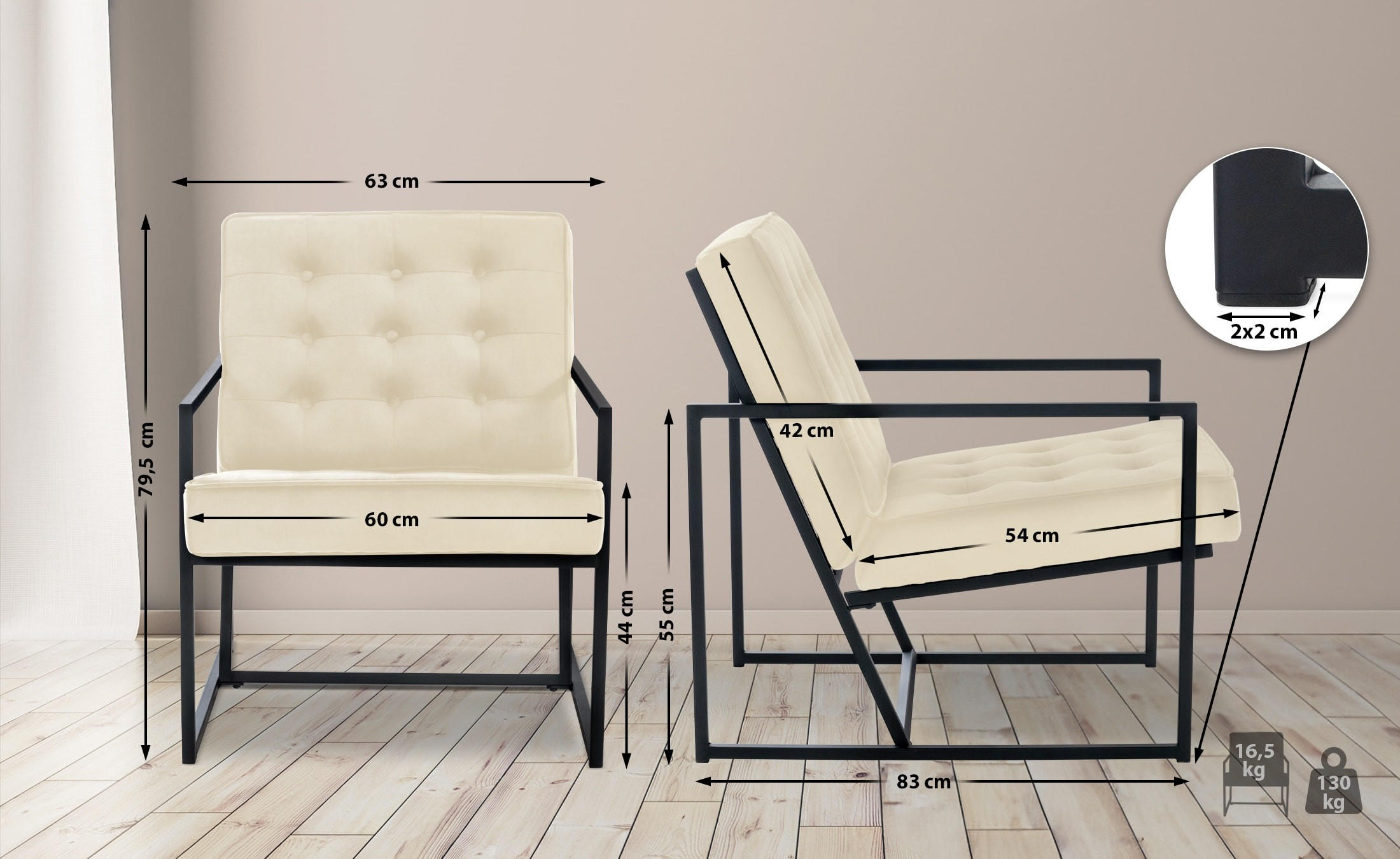 SESSEL Samt creme - Creme/Schwarz, Textil/Metall (63/79.5/83cm) - CLP