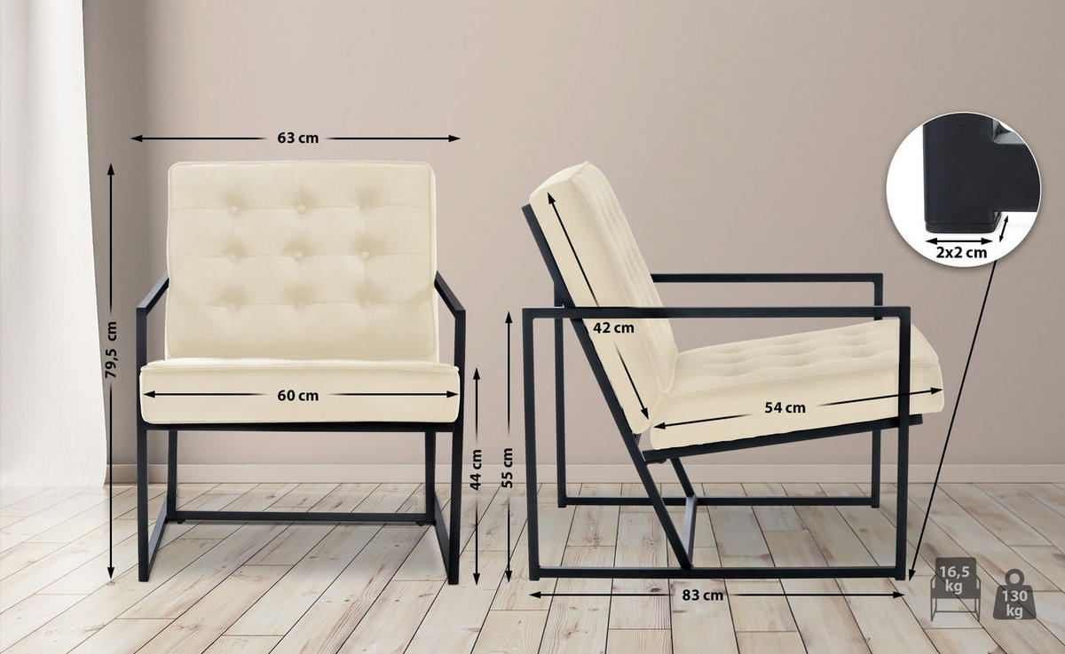 SESSEL Samt creme - Creme/Schwarz, Textil/Metall (63/79.5/83cm) - CLP