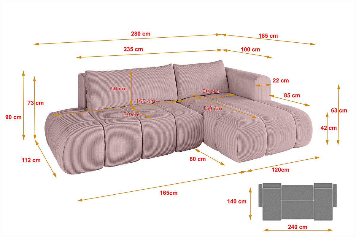 ECKSOFA Ottomane Rechts CLOUD-L 280x185x90 Rosa Cord - Rosa, Holzwerkstoff/Kunststoff (185/280cm) - ALTDECOR