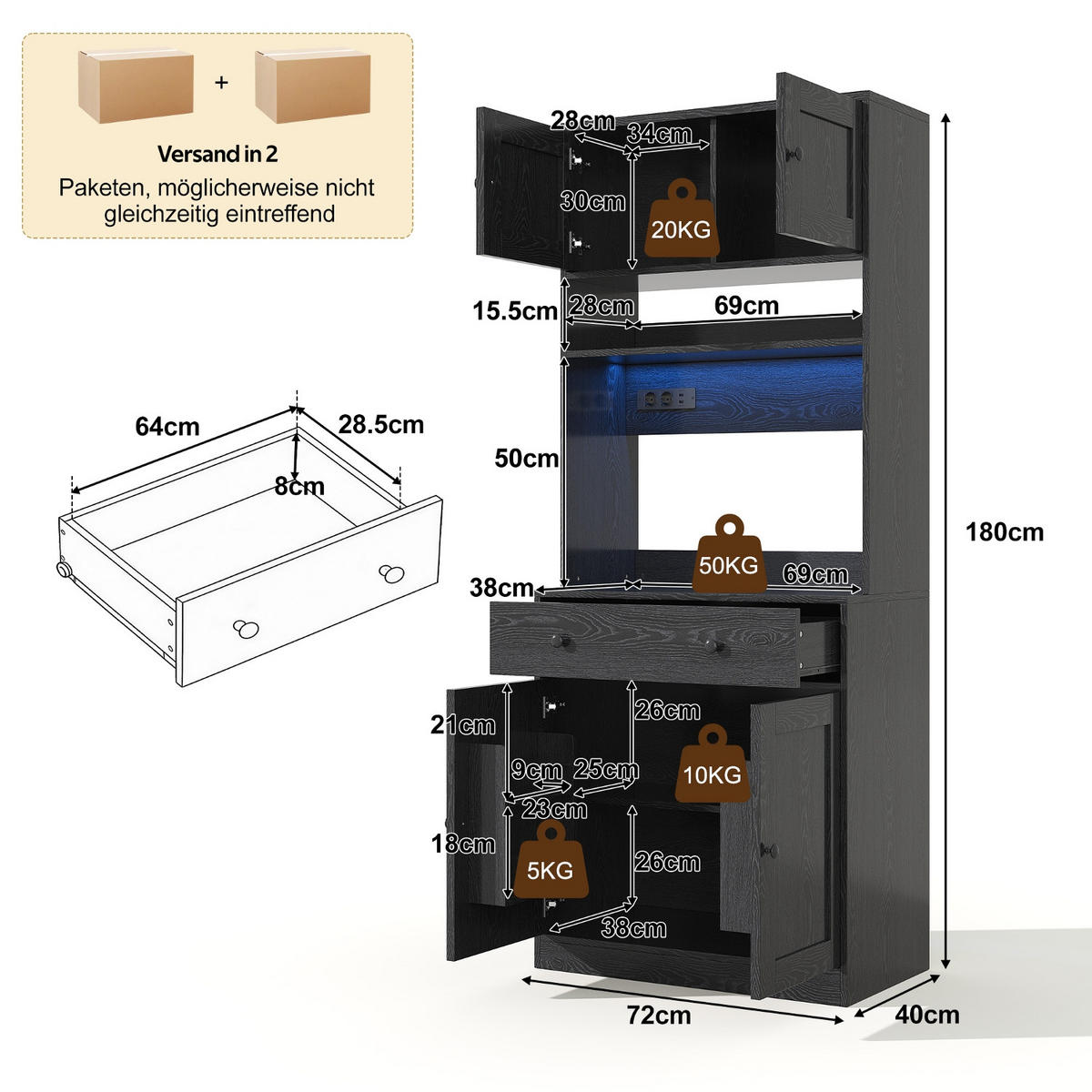 KÜCHENSCHRANK 72/180/40 cm MDF Schwarz MIT STECKDOSE UND LED-BELEUCHTUNG für Küche und Esszimmer - Schwarz, Holzwerkstoff (40/180/72cm) - Rolipo