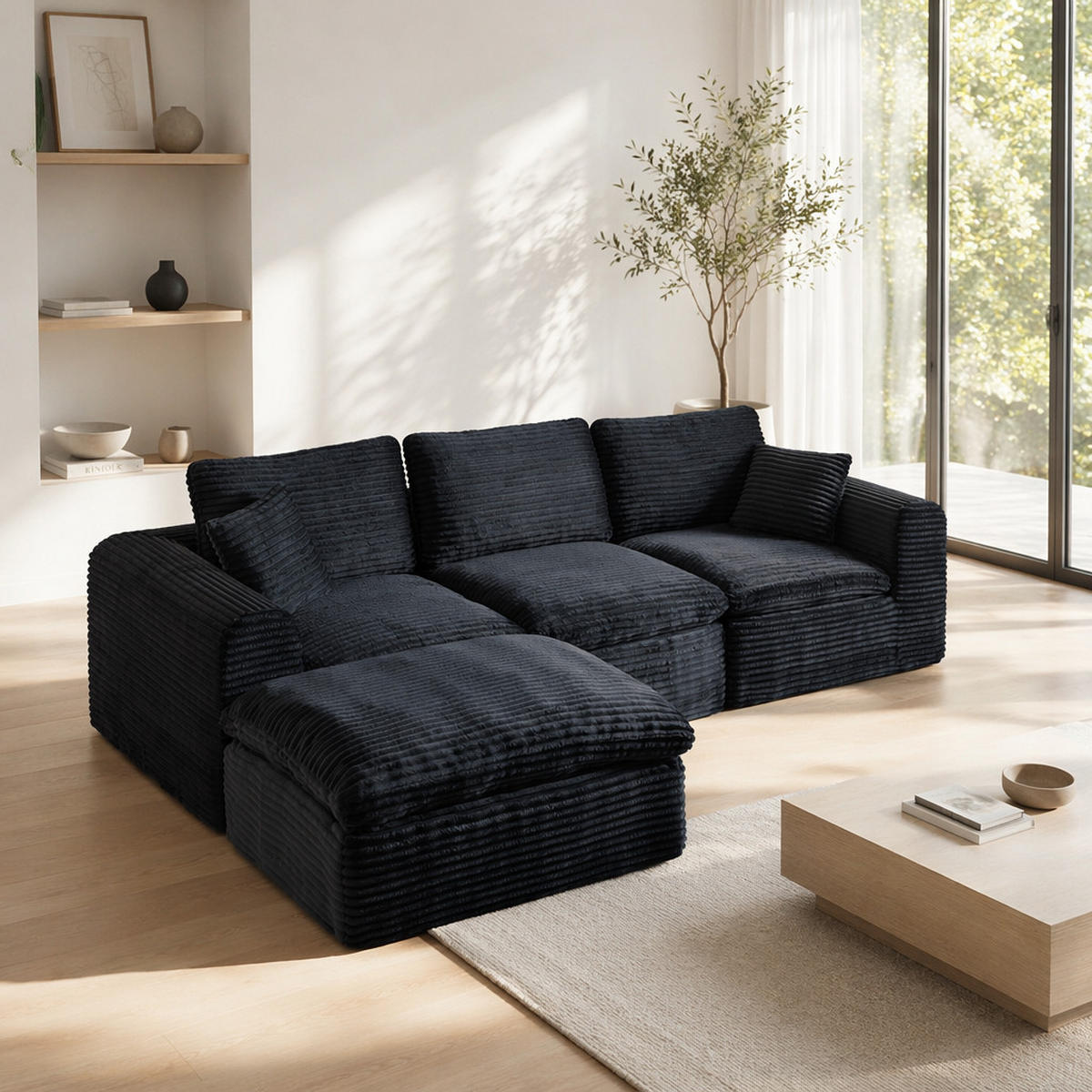 ECKSOFA 280/180/65 cm Bleu-noir Cord mit 1 Fußhocker - Multicolor, Textil (180/280cm) - Oxeza