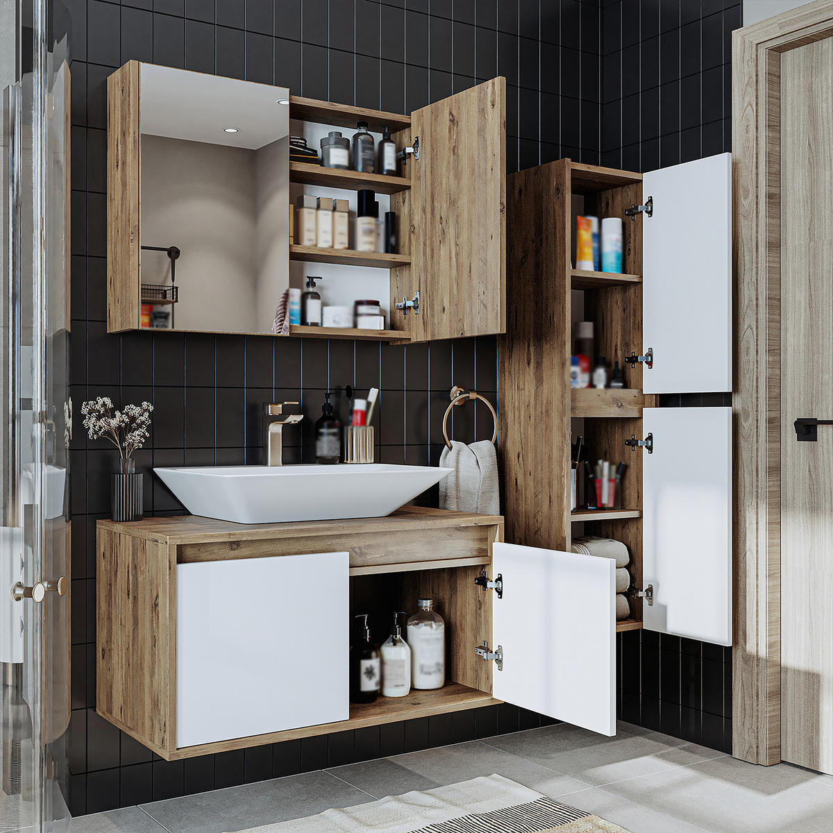 BADMÖBEL Set ATLANTIC-85 4-teilig - Eiche Bianco, Holzwerkstoff (85/150/45cm) - Roomart