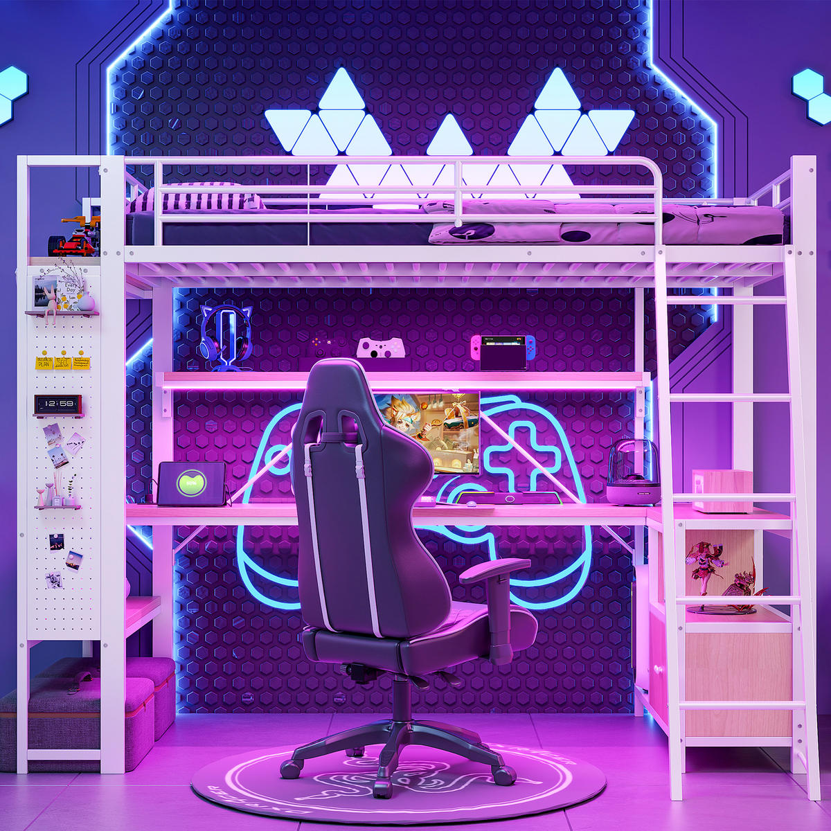 HOCHBETT 90/200 cm mit Schreibtisch, LED-Lichtleiste, Regalen, Lochwand und USB-Anschluss, Weiß - Weiß, Metall (90/200cm) - Redom
