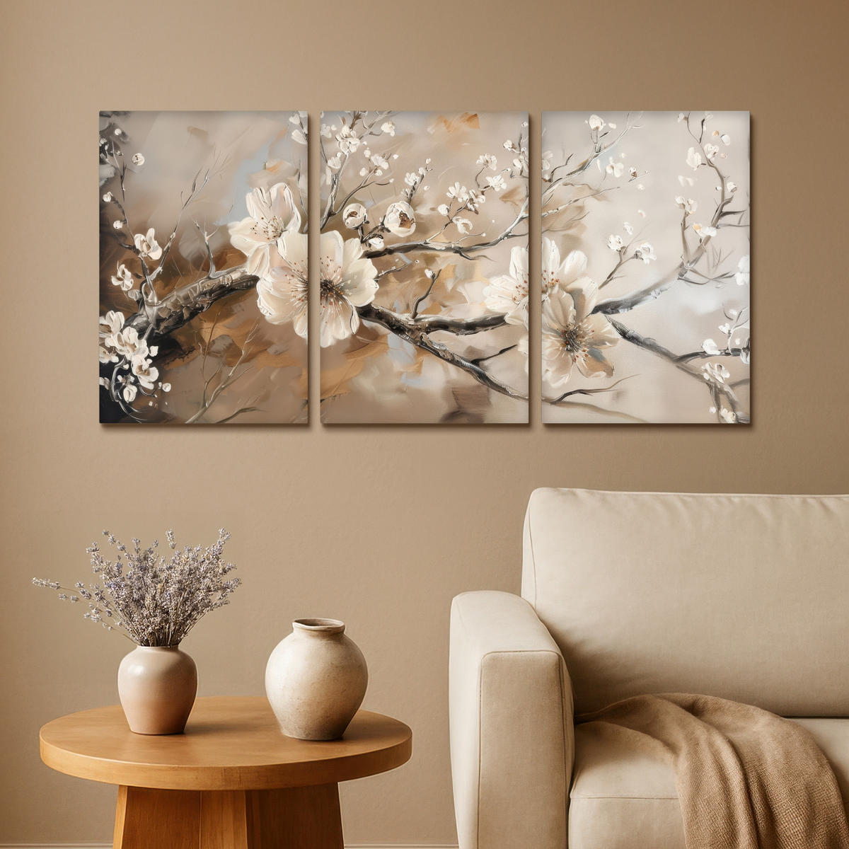 LEINWANDBILD 3er Set Blüte - Beige - Abstrakt - Blumen 120x60 cm - Hellbraun, Textil (120/60cm) - MuchoWow