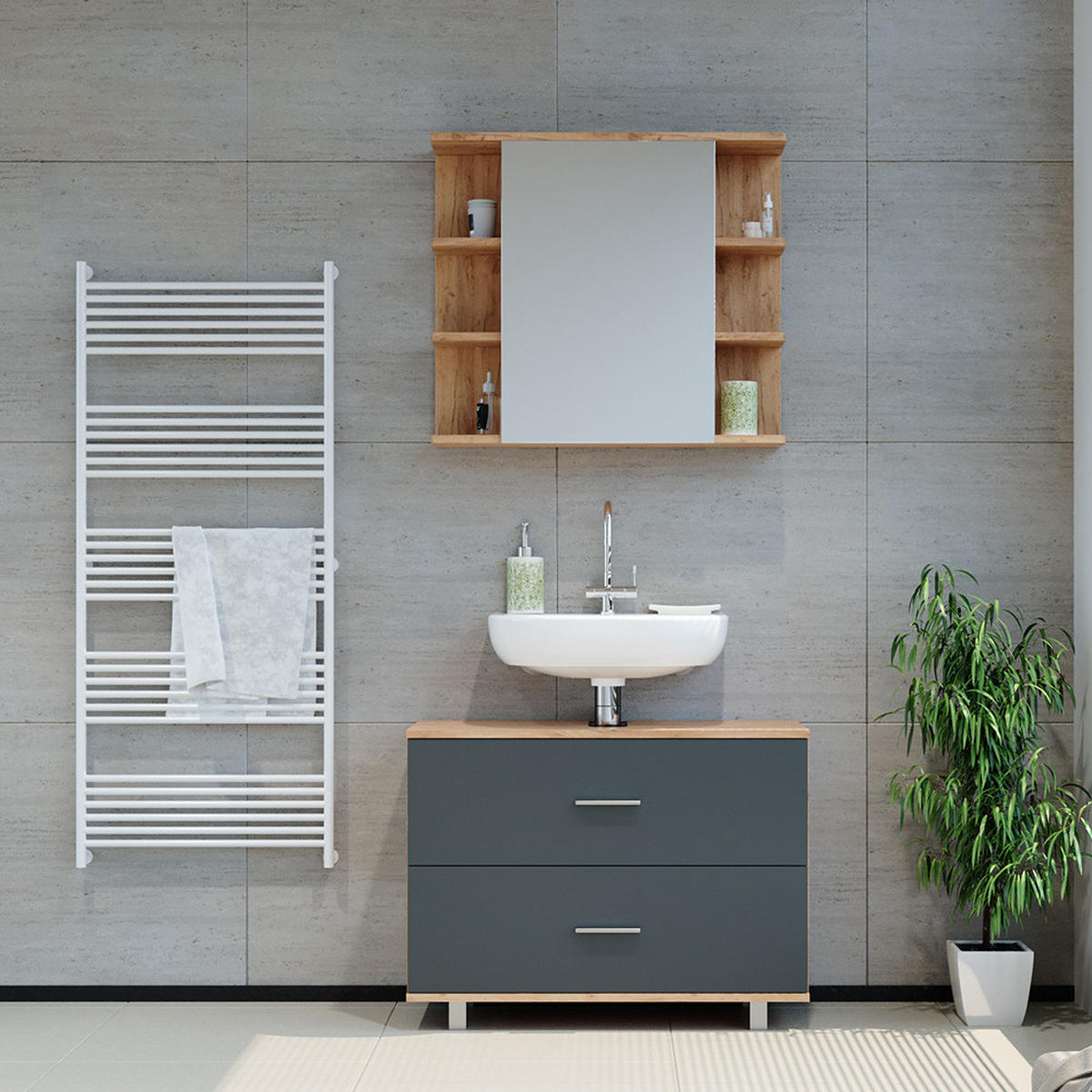 BADMÖBEL-SET Ilias Anthrazit/Goldkraft Eiche 2 Teile Unterschrank 80 cm - Anthrazit/Eiche Wotan, Holzwerkstoff (80.2/60.8/33cm) - Vicco
