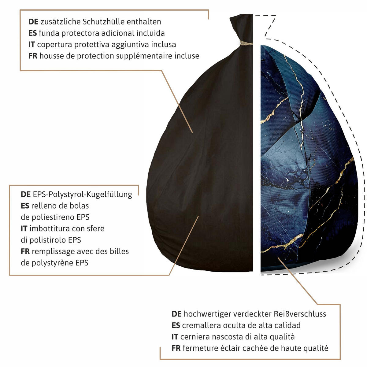 SITZSACK MIT FUßSTÜTZE Velvet 2-tlg Black Mystery M - Schwarz, Textil (80/120/80cm) - Dreamroots