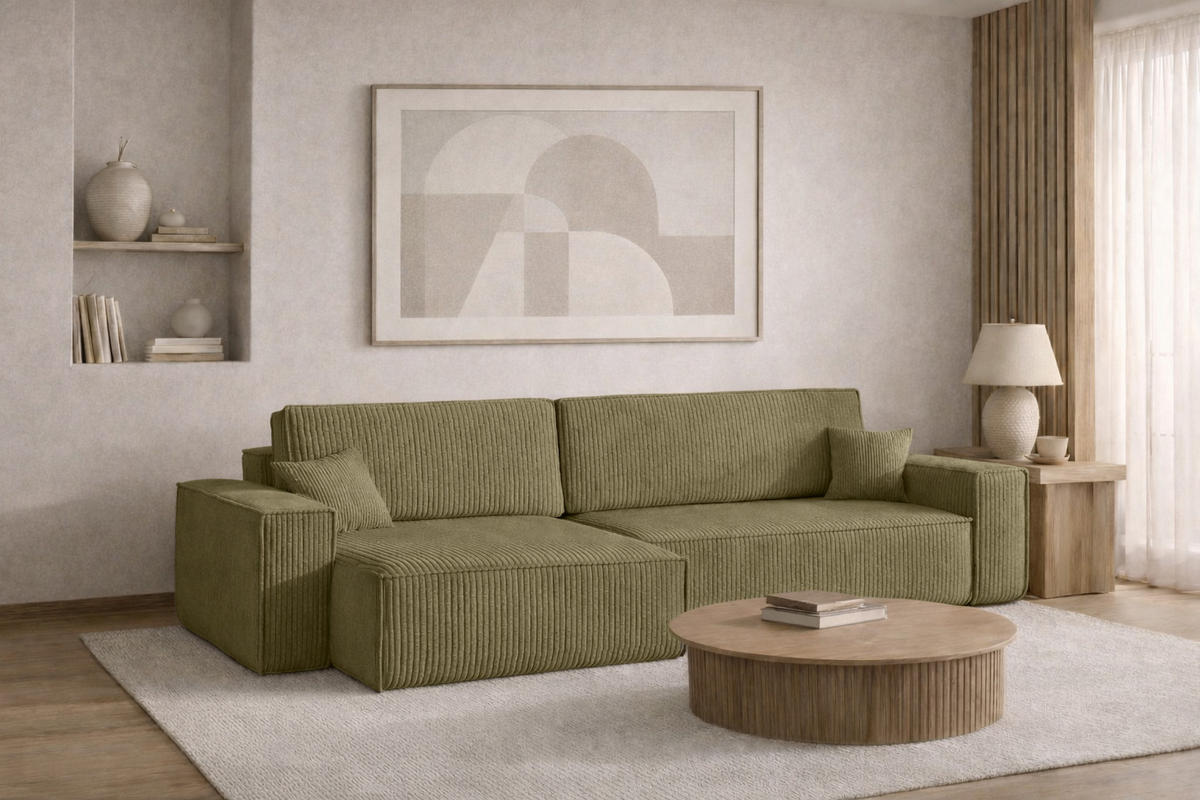 ECKSOFA Mit Schlaffunktion Und Bettkasten, Eckcouch BEST XL Stoff Poso Dicker Cord Olive Links - Schwarz/Olivgrün, Holz/Kunststoff (142/83/274cm) - Kaiser Möbel