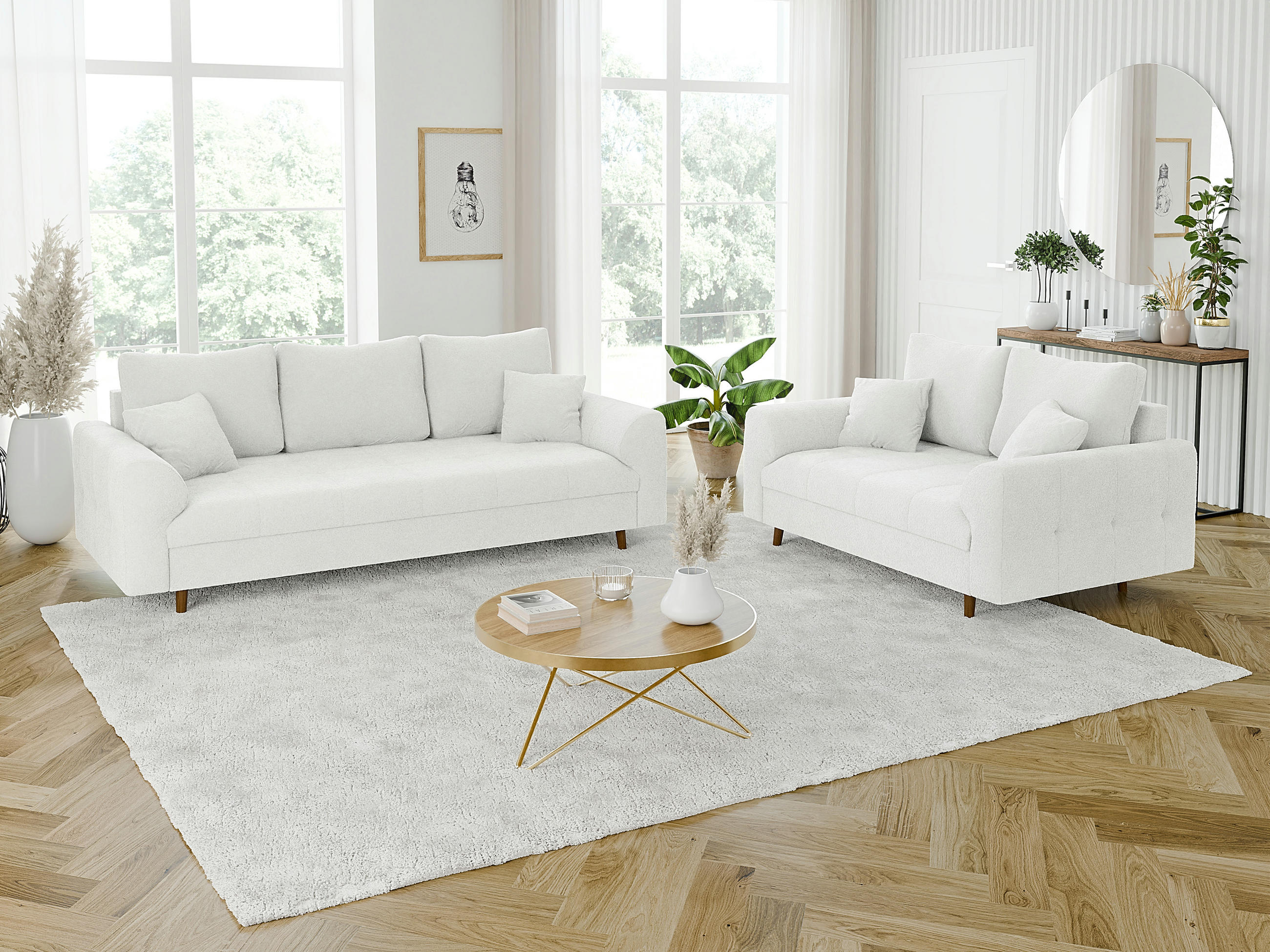 SITZGARNITUR 3+2 Henrik Weiß Boucle - Weiß/Braun, Holz/Textil (210/81/93cm) - S-Style Möbel
