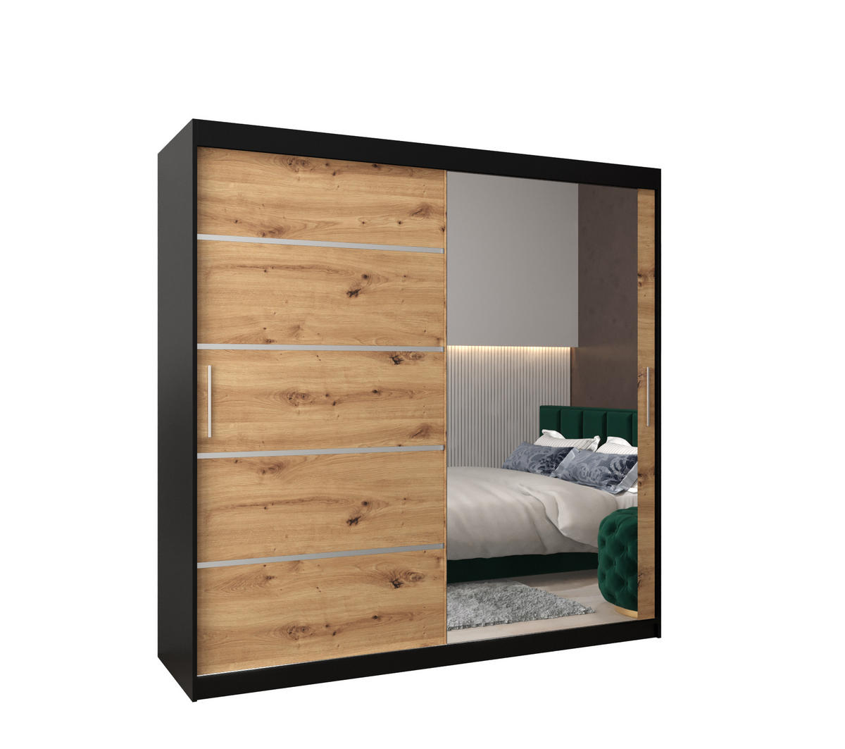 SCHWEBETÜRENSCHRANK 200/200/62 2-türig - Silberfarben/Schwarz, Holz/Kunststoff (200/200/62cm) - MÖBEL KRYSPOL