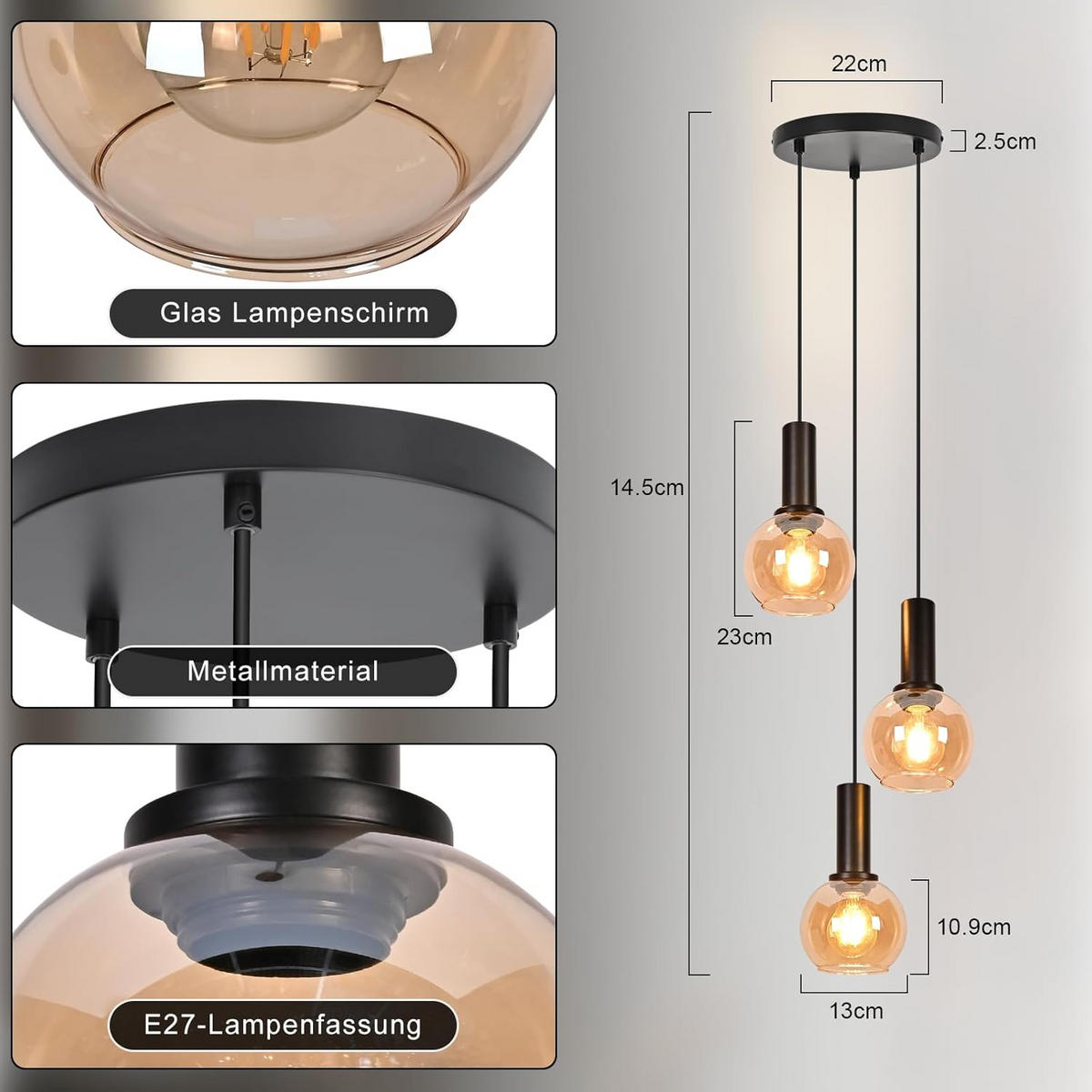 PENDELLEUCHTE 13/22/145CM - Schwarz, Metall (22/13/145cm) - Nettlife