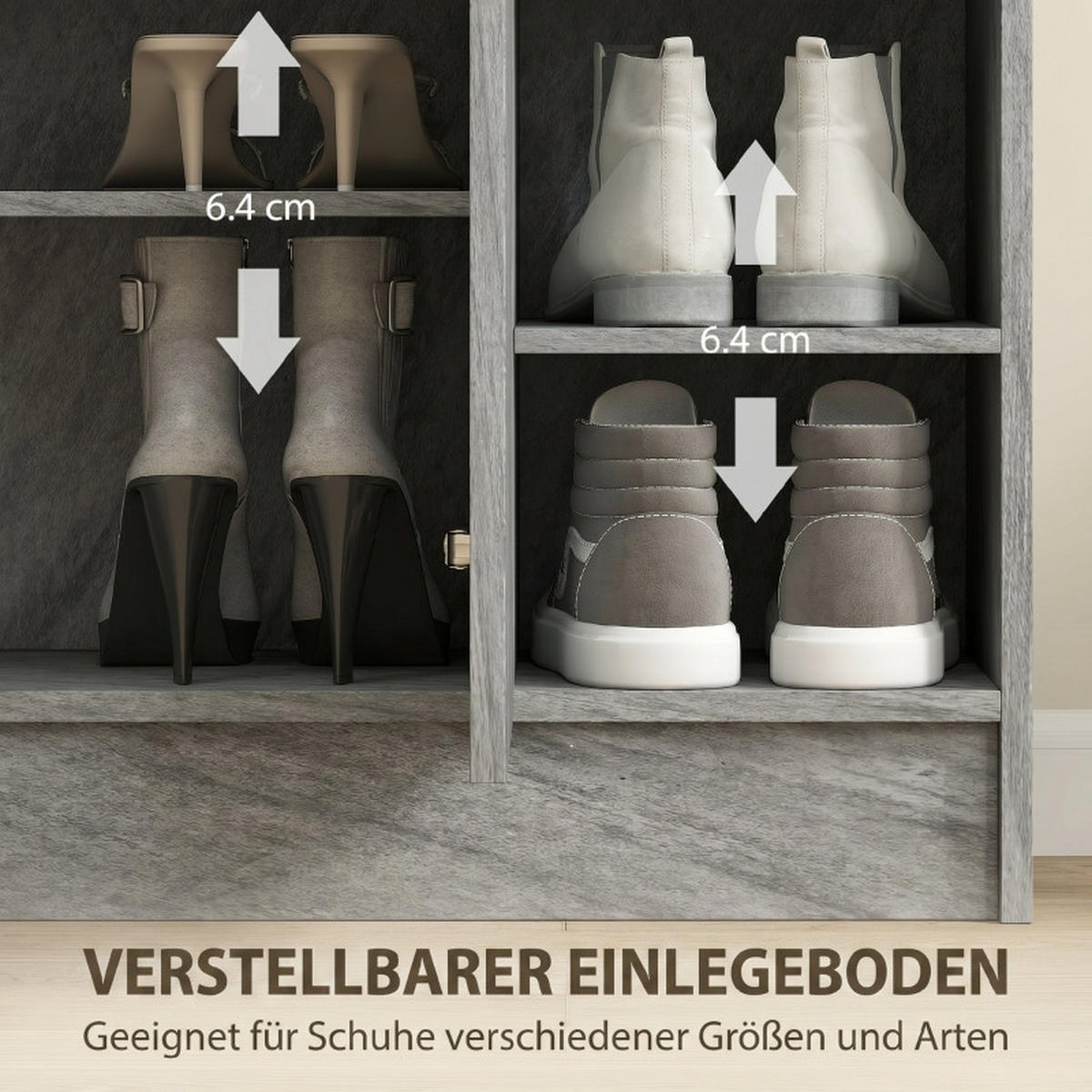 SCHUHSCHRANK DE-38051 83/30/90 cm mit 2 Türen und 4 offenen Fächern Grau - Grau, Holzwerkstoff (83/90/30cm) - ComfortXL