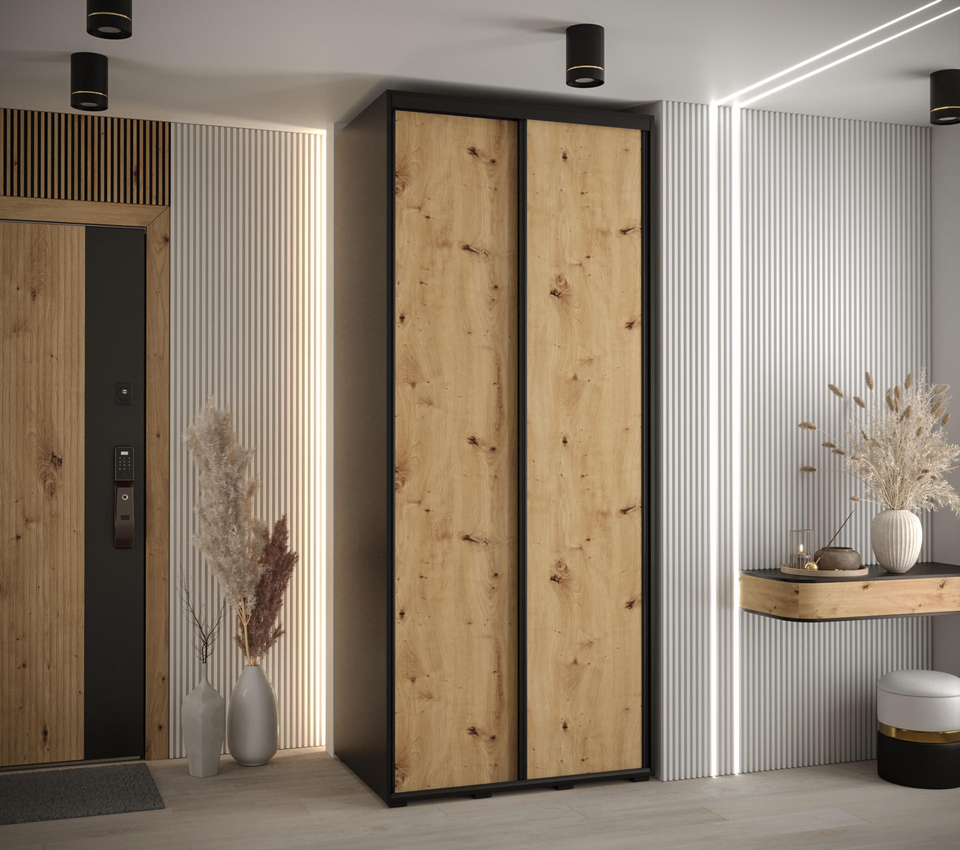 SCHWEBETÜRENSCHRANK 235,2/100/60 2-türig - Schwarz/Eiche Artisan, Holz/Metall (100/235/60cm) - Abiks Möbel