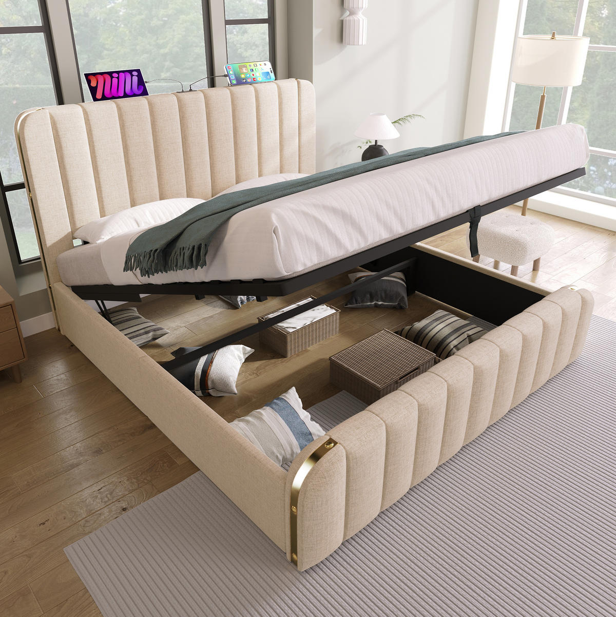 BETT mit Stauraum USB/Typ-C 180x200 cm Leinen Beige inkl. Matratze - Beige, Metall (180/200cm) - Meubliv