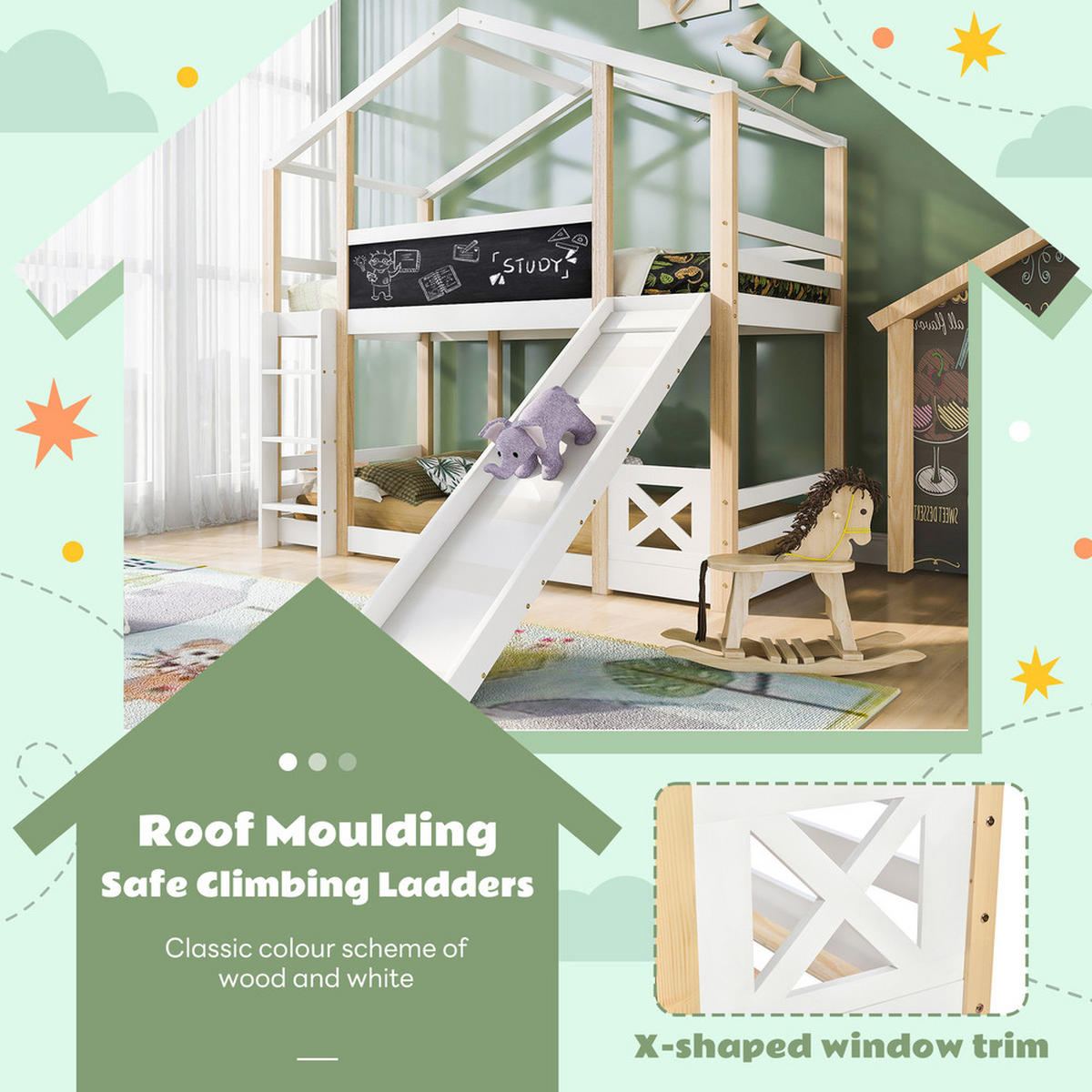 HOCHBETT BAUMHAUS 90x200cm mit Rutsche & Leiter Natur & Weiß - Weiß, Holz (90/200cm) - FLIEKS