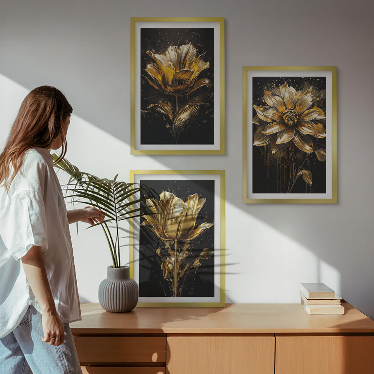 WANDBILDER 3er Set - 40x60 cm Goldrahmen - Gelbe Blüten auf dunklem Hintergrund - Goldfarben, Kunststoff (40/60cm) - ArtPrintCave