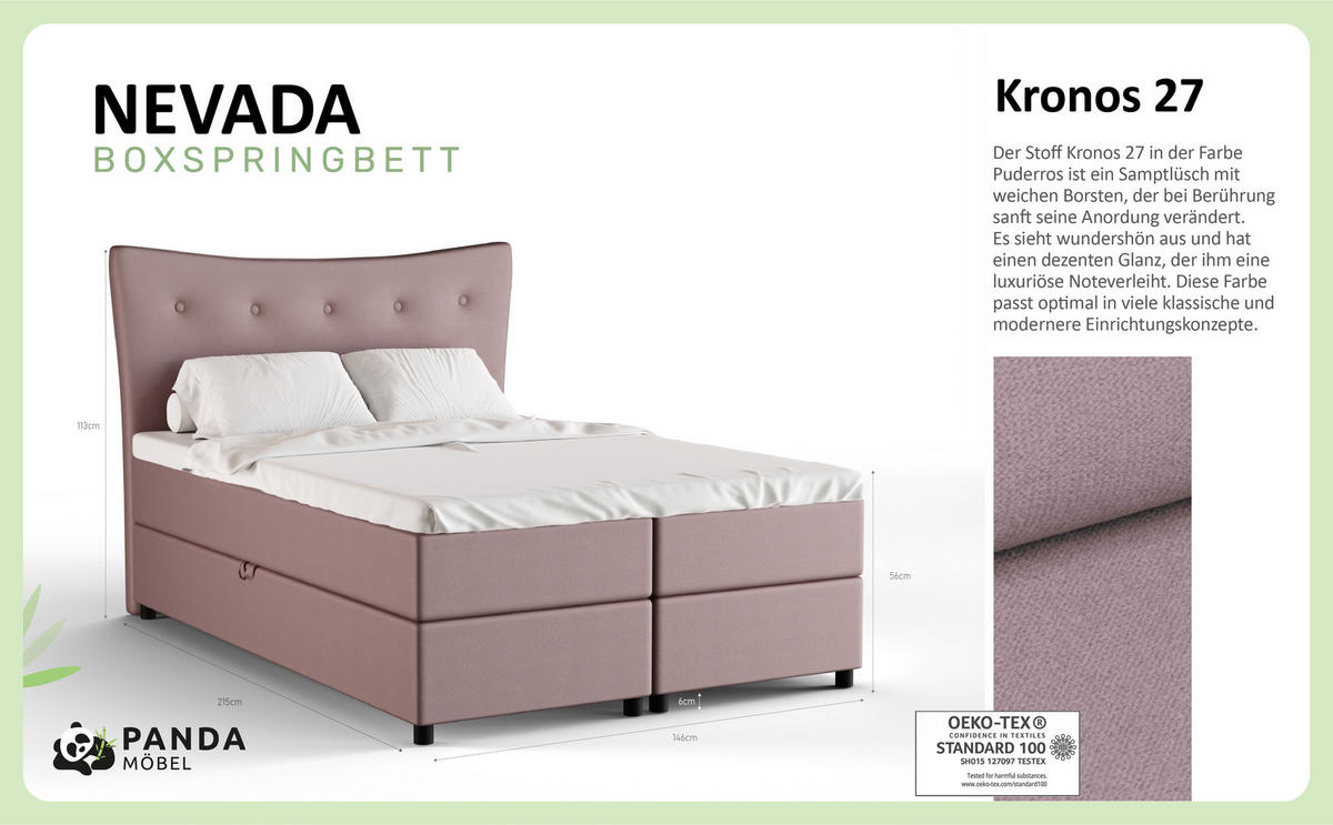 BOXBETT Nevada 140 x 200 cm Doppelbett mit hochwertiger Bonell-Matratze und Topper - rosa - Rosa, Holz (140/200cm) - Panda Möbel