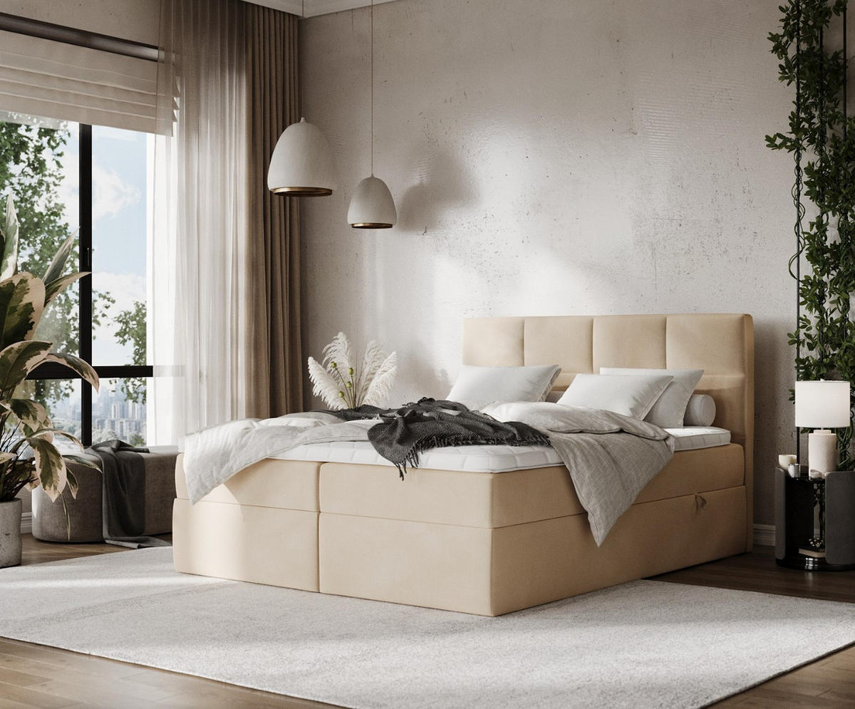 BOXBETT Oris 140/200 cm Beige im Kronos Stoff - Beige/Schwarz, Holz/Holzwerkstoff (140/200cm) - AltaBeds