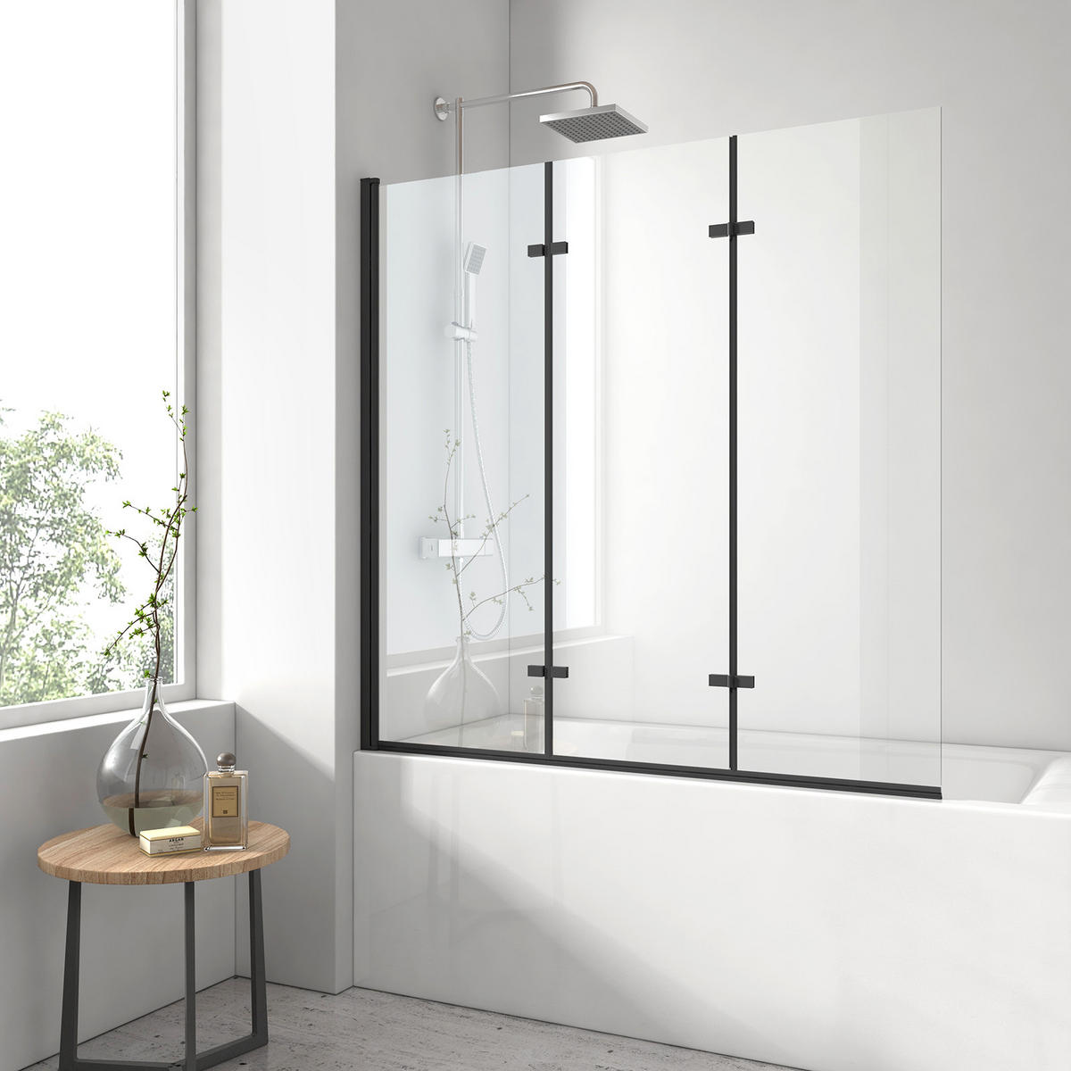 DUSCHWAND für Badewannen Faltbar mit Schwenkfunktion Schwarz 140/130 cm - Schwarz, Glas (130/140cm) - EMKE