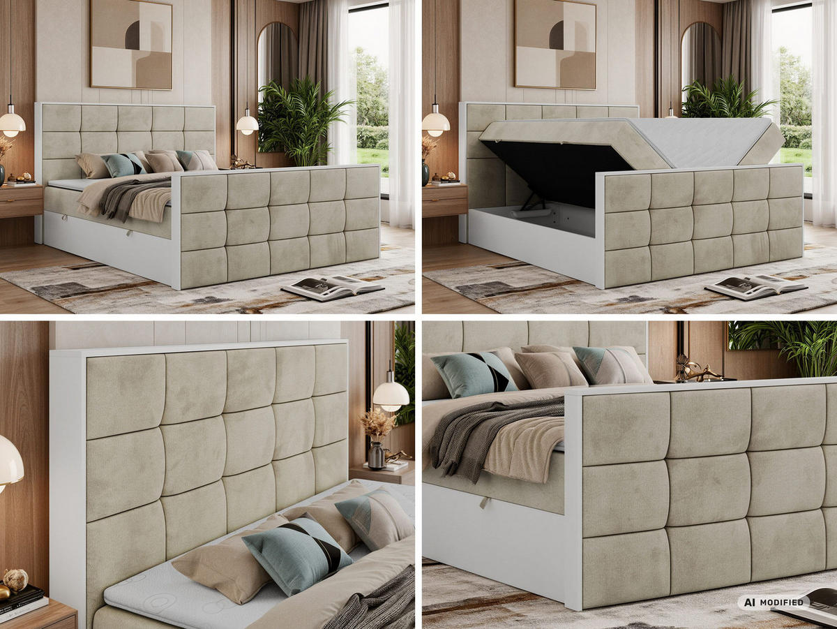 BOXBETT ALVIT DUO 160/200 - Beige Velvet - Topper Visco - H4 - Beige/Schwarz, Kunststoff/Textil (160/200cm) - MKS