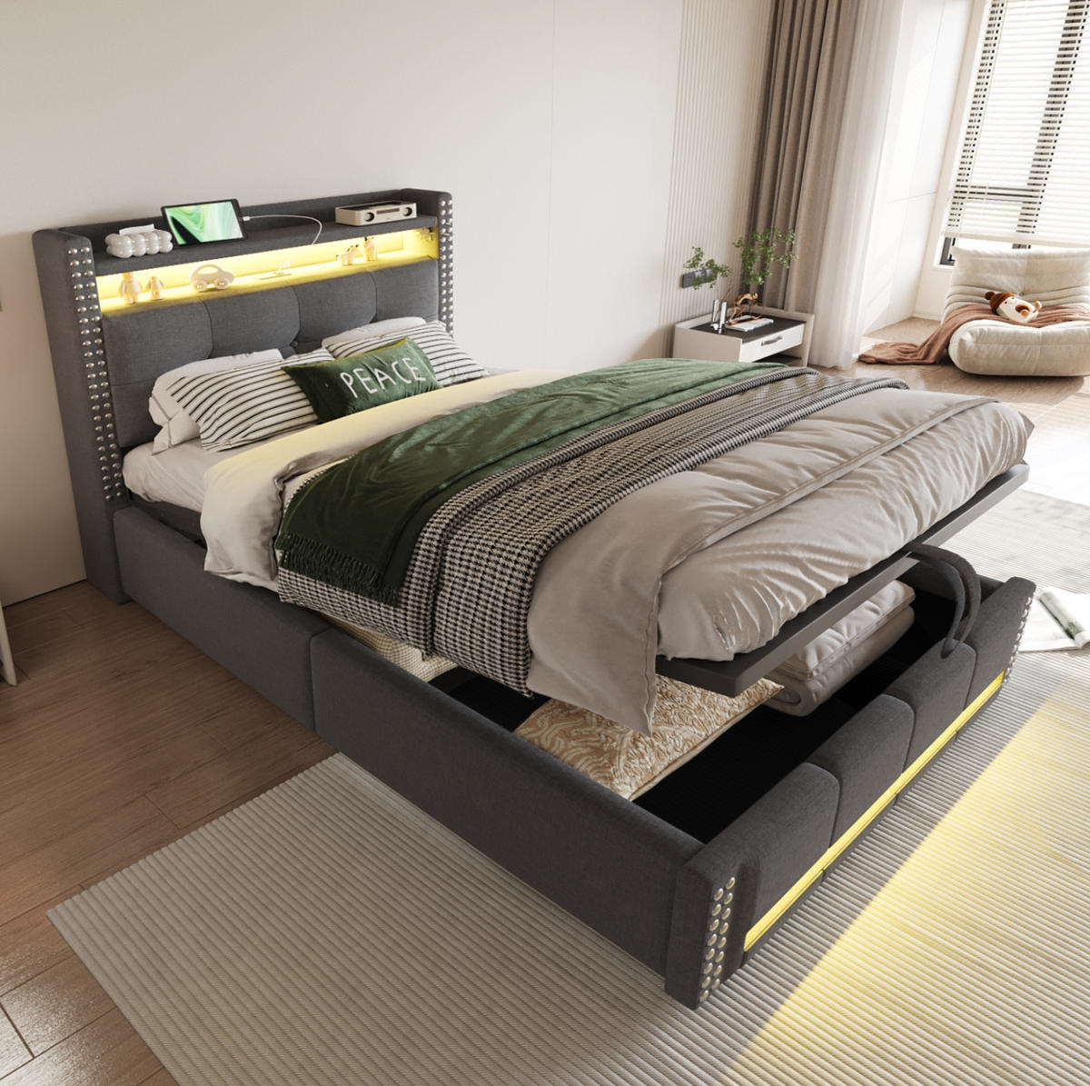 POLSTERBETT 90/200 cm grau mit LED-Beleuchtung und USB-Steckdose - Grau, Textil (90/200cm) - OKWISH