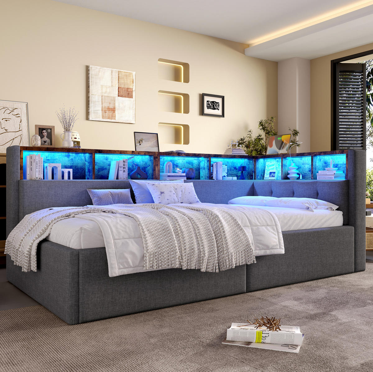 KREVET za jednu osobu 90/200 cm sivi od lana s LED rasvjetom, USB i hidrauličnom pohranom - siva, tekstil (90/200cm) - OKWISH